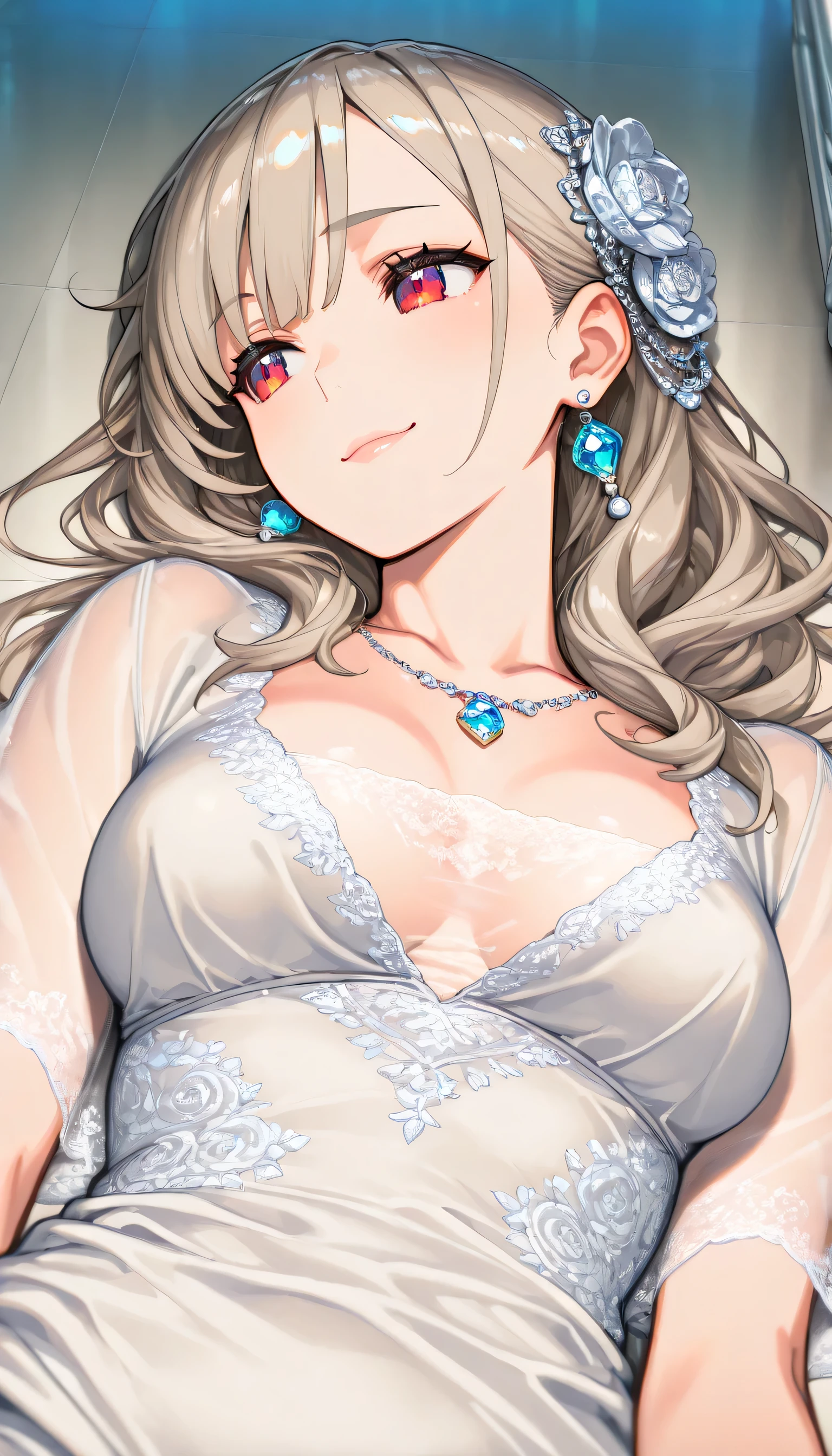 最 High Quality , masterpiece,  High precision in selection ,  1 , Transparent Silk Porcelain Lace Transparent Ultra-Low Cut  dress, pretty face,  hair accessories ,  Watching the audience, smile,  close his mouth, lips,  dress,  hair accessories ,  necklace , gem,  long hair,  earrings,  Beautiful Face, Person lying on the floor  , lies on his back and looks back, ( HIGH DETAIL SKIN : 1.2),  8K ultra HD , soft light in a mental hospital,  High Quality ,  High precision in selection , 8k, Wide々Interior like , 