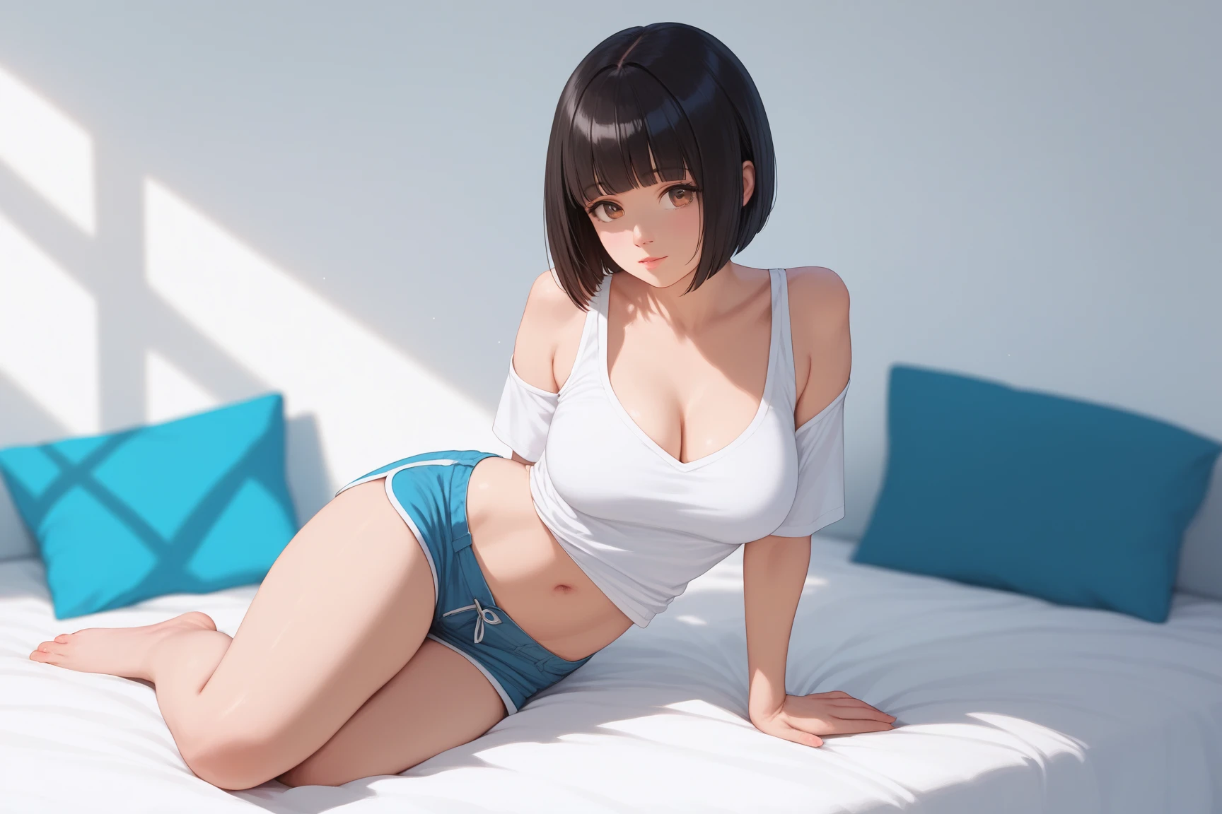 Masterpiece, 16K high quality photo, super detailed, top quality, perfect anatomy, (Photorealistic: 1.4), (Full Nude), 1 Girl, (1 Girl, Solo, Short Hair, Beautiful Breasts), Black Hair) , brown eyes, smile, looking at camera, (bra: 0.5, white lace) )), beautiful cleavage, hard breasts. Big breasts: 1.6, beautiful and smooth, big butt: 1.6, wide hips: 1.6, (high-leg panties: 1.9, amazing, white lace), (with pussy, real), forward (excited) pose, lying down, legs up (open) , (hand pulls panties), bedroom background,