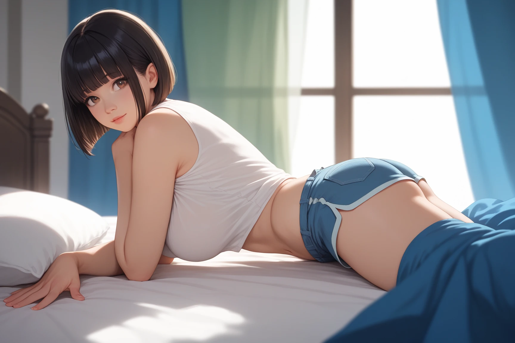 One girl,sexy,short black hair, white shirt, no bottom, no bra, leg spread,
