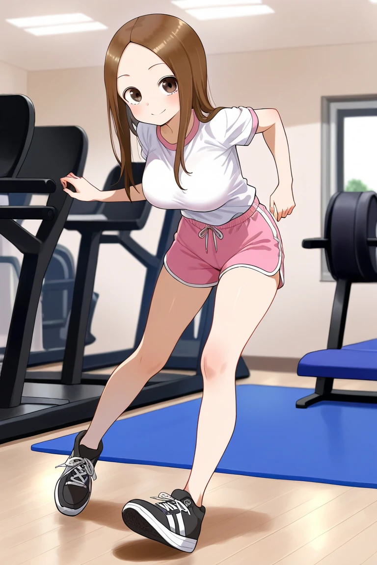 Tifa in sexy mini shorts and sports bra, doing bent over deadlifts, on her back, showing her perfect pussy, looking in the gym mirror, perspiring, showing you round, sexy and very well-shaped buttocks facing the camera, high resolution, ultra HD , detailled image.