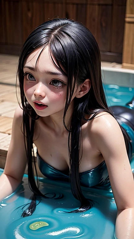 triangle-bikini,(open mouth:1.5),(tongue out:2),Kneeling,Hands between legs,Collar with leash,front view,upper body,from above,(1girl,Beautiful 14 year old girl,teenager),((Slender,Small breasts,Small face,)),(looking at viewer),Black Hair,bangs,one side up,Pool,night,night景,dark,Pink lighting
