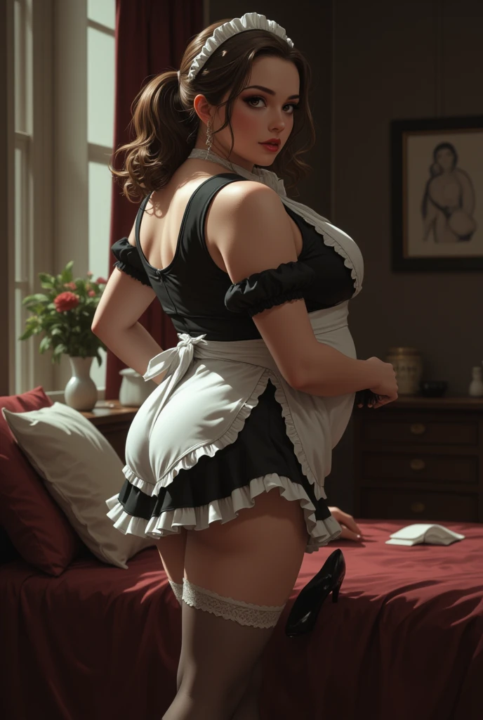 (((sexy revealing french maid uniform outfit))), Bondage, (sitting in posh bedroom), tight choker, Tied Woman sitting in a posh bedroom, looking down in dejection,, Full Body, ((arms behind back ankles tied together)), ((legs and ankles tied together)),((legs bondage)), ((ankle bondage)) , ((ankles tied together)), ((unable to walk)), gorgeous sexy Woman very very very skinny anorexic waist, (((20 yrs old girl))), very small exposed breasts, face scared, pain, horror, terrified, crying tears, very long curly brown hair with bangs princess pigtails braids ponytails huge hairbow, hair ribbons, BDSM, slave