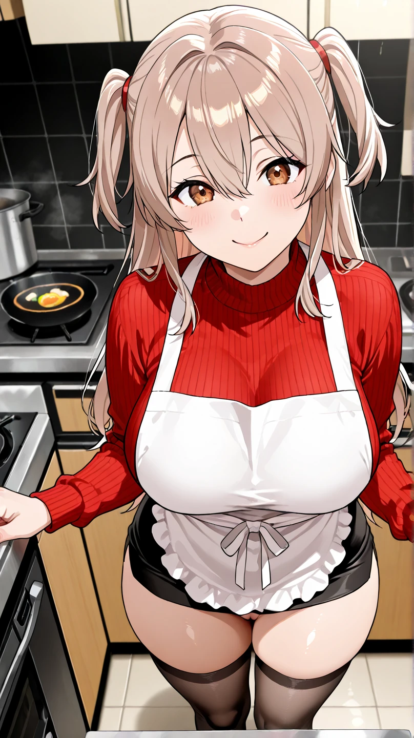 masterpiece, yor, 1girl, Bust A Cup, Amazing Cleavage:1.3, thin waist, big ass, Raised sexy, big breast: 1.2 posed cleavage:1.2、solo, looking at viewer, open mouth, have a cute grass of cute beergrass,black hair, red eyes, dress, bare shoulders, jewelry, collarbone, sidelocks, hairband, earrings, indoors, off shoulder, :o, sweater, arms behind back, plant, short hair with long locks, white hairband, off-shoulder dress, sweater dress, off-shoulder sweater, red sweater, big side hair, very long side hair,is rendered in (masterpiece: 1.2, best quality), with (ultra high resolution) and an exquisite (depth of field). This masterpiece is not only visually stunning but also tells,A scene of cooking in the kitchen
