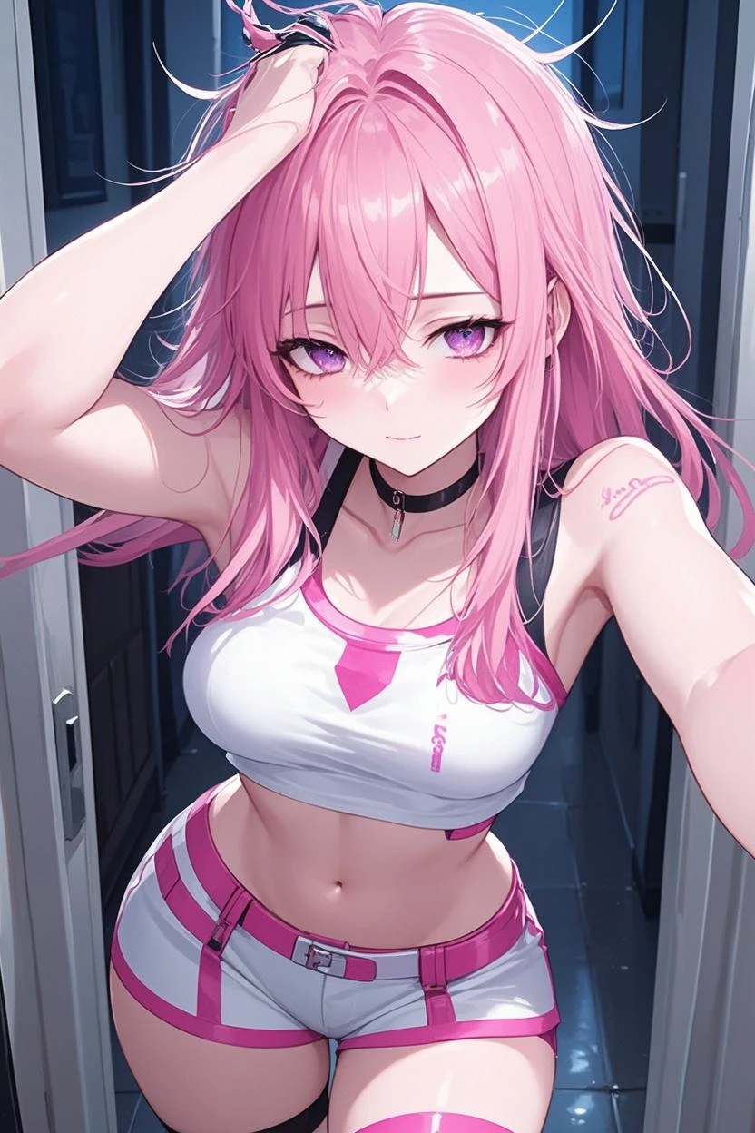 a 15 year old girl, with pink hair tied in two pigtails and blue eyes, is chained to a cold stone wall. Her slim figure stands out under a short T-shirt that leaves her navel exposed., while his face shows a reddened expression, a mix of shame and vulnerability. The dim light in the room gently illuminates her fair skin., highlighting the tension in his posture as he tries to free his wrists from the chains. The scene has an air of desperation, but also of resistance, with his gaze reflecting a mixture of fear and determination.