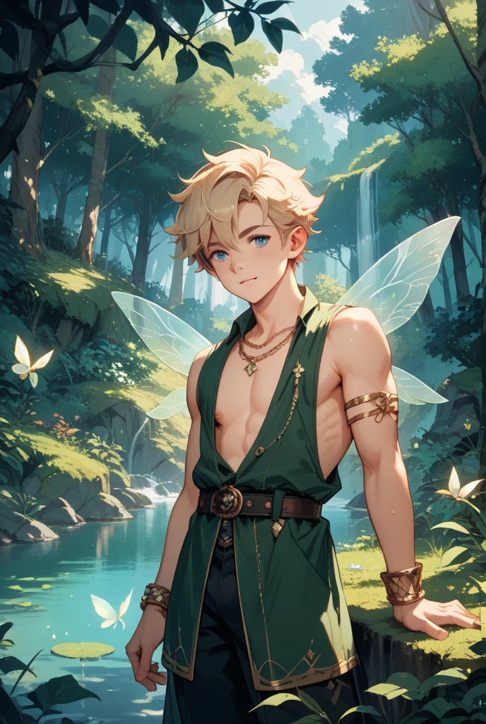 A very small elf boy with blonde hair and green eyes, sin camisa y con pantalones cortos marrones., He is in a forest climbing a tree and his pants fall off.,agile and sexy muscles, sfw, sidefsce