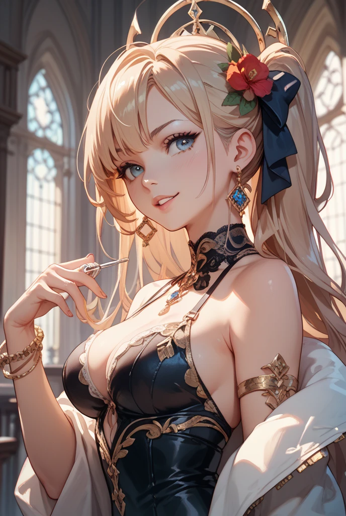 (masterpiece)、top-quality、intricate detailes、(1 girl in)、(A MILF)、(Dark skin)、a blond、Pink eyes、sharp eye、hair messy、Dancer costumes、Revealing clothing、kirakira、stage、cleavage of the breast、colourfull、Hirahira、Dynamism、Correct right hand