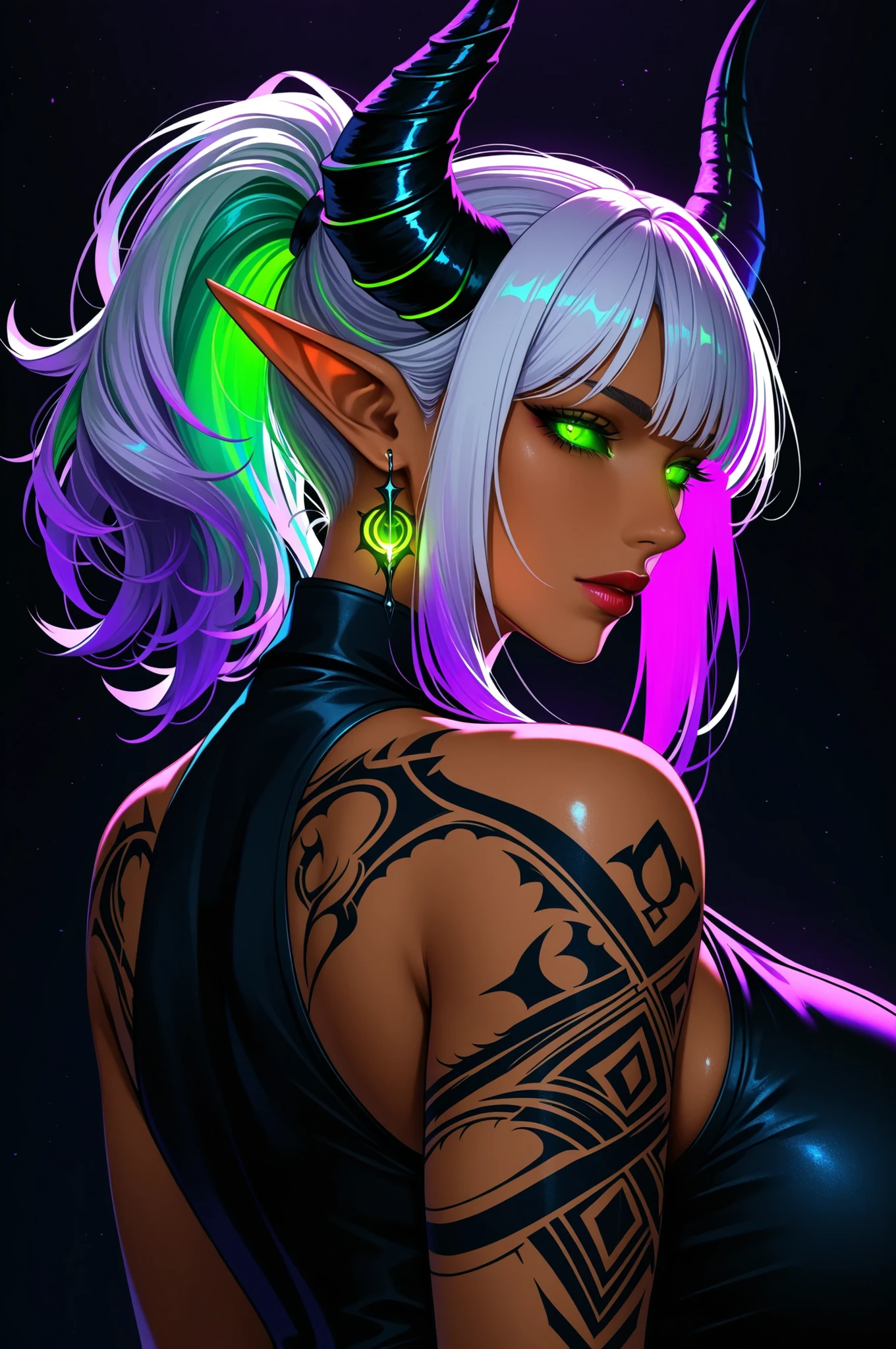 ((neon lighting, black_light, blacklighting)), 1girl, solo, long hair, looking at viewer, bangs, simple background, bare shoulders, jewelry, gigantic breasts, closed mouth, green eyes, upper body, ponytail, purple hair, white hair, multicolored hair, earrings, parted lips, green hair, horns, sleeveless, pointy ears, looking back, medium hair, from behind, from side, dark-skinned female, lips, eyelashes, tattoo, makeup, glowing, demon girl, black background, demon horns, elf, glowing eyes, colored sclera, nose, arm tattoo, shoulder tattoo, black horns