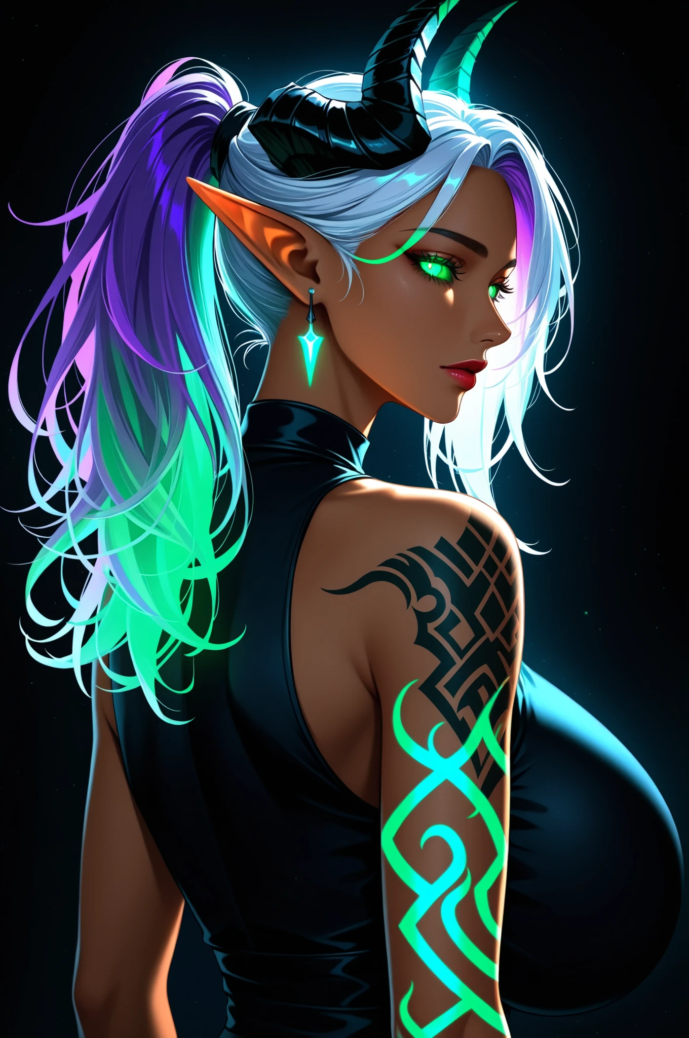 ((neon lighting, black_light, blacklighting)), 1girl, solo, long hair, looking at viewer, bangs, simple background, bare shoulders, jewelry, gigantic breasts, closed mouth, green eyes, upper body, ponytail, purple hair, white hair, multicolored hair, earrings, parted lips, green hair, horns, sleeveless, pointy ears, looking back, medium hair, from behind, from side, dark-skinned female, lips, eyelashes, tattoo, makeup, glowing, demon girl, black background, demon horns, elf, glowing eyes, colored sclera, nose, arm tattoo, shoulder tattoo, black horns 