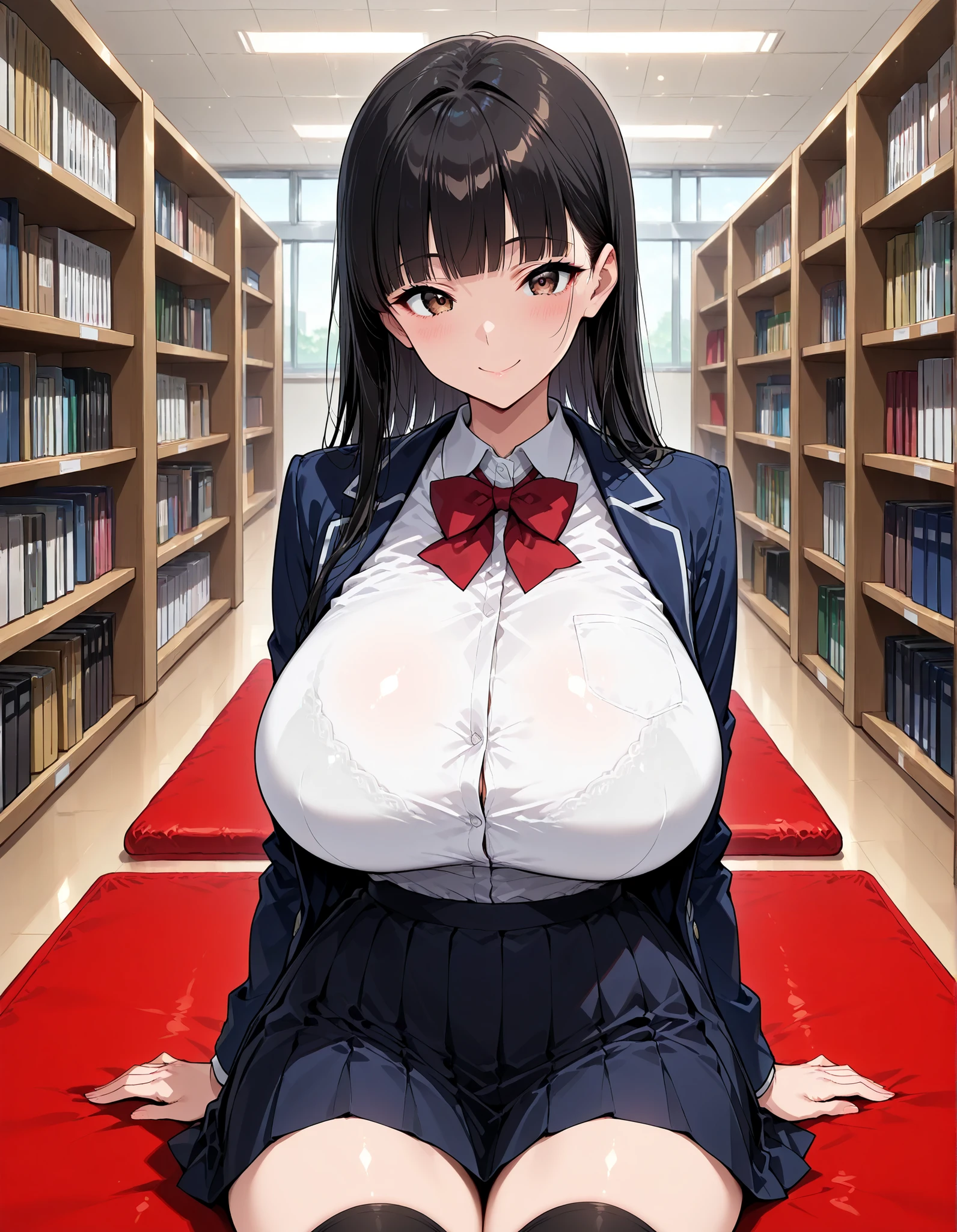 ((Highest quality)),8K,((masterpiece)),(Very sophisticated and beautiful), (Ultra-detailed),(Very large breasts:1.9),Kitasan Black(umamusume),gigantic breasts,narrow hips,thin and long legs,A big smile、Library、Bookshelf、(Wearing a collar:1.5)、Earrings、Earrings、bracelet、Thin legs,Tall,(naked:1.8),Cowboy Shot、(Beautiful Face:1.5),Random Pause、Crouching、navel piercing、Pink small nipples、(Peeing:1.5),(nsfw:1.2)、Short Hair、Slim figure、blush、全naked,Not fat、I'm not hungry、wave hands、Making a peace sign、looks happy、Steam from pee