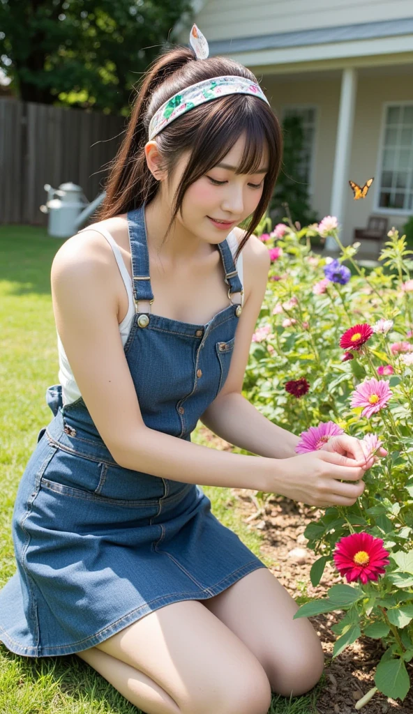 A 20-year-old girl working at a flower shop(Wearing a miniskirt and apron)have a sunflower