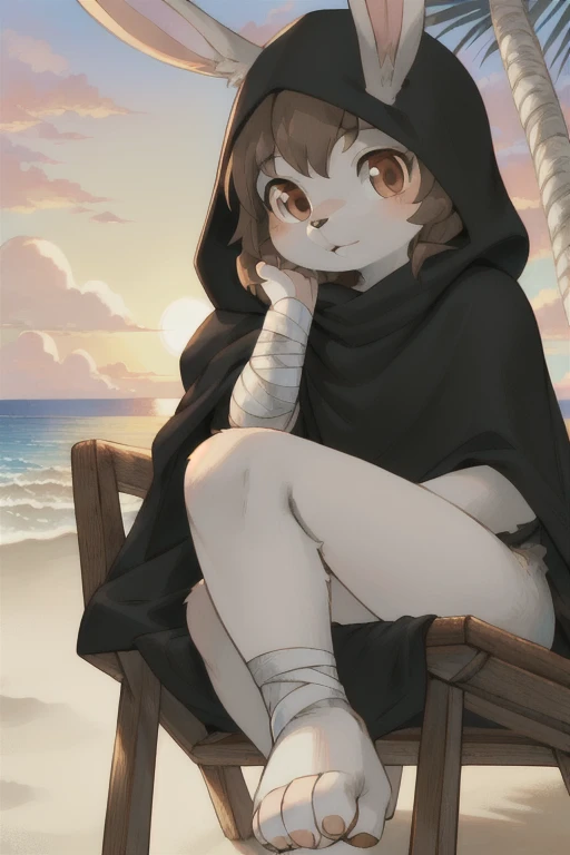 rabbit girl,furry,ultra detailed fur,ultra detailed body fur,black hair,white fur,naked,hand cover pussy,lie on deckchair,beach,sunset,shiny skin,full face blush,round necklace,naked grey cardigan,sweat,very hot,open mounth,shock face,looking at viewer,high angle,light and shadow,body steam,face steam,
