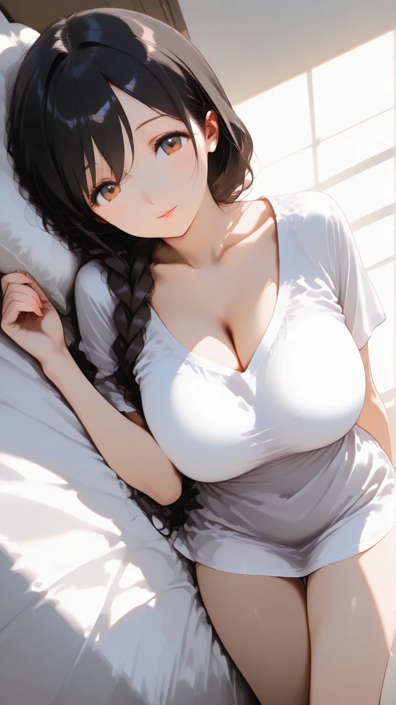 (highest quality、high detail:1.1、Very attractive adult beauty、Add intense highlights to your eyes、Backwards、look back、Beautiful woman full of adult charm、perfect anatomy、silver hear、long hair、shiny hair、lip gloss),1 girl, solo, realistic、tilt your head a little, short and shiny hair、  knit sweater、stylish muffler，bangs、Big eyes、eyelash、face is a little red、embarrassing)、((hotel、on bed))、Big eyes、Give students very strong highlights、(gigantic breasts,sagging breasts:1.5}、very big ger breasts、very beautiful beauty、Please show your ears、long neck、smile a little、beautiful teeth、(open your mouth and smile:1.2)、heart-shaped eyes))、28 years old、very cute super model、tall、（gravure pose、fullbody：1.3）