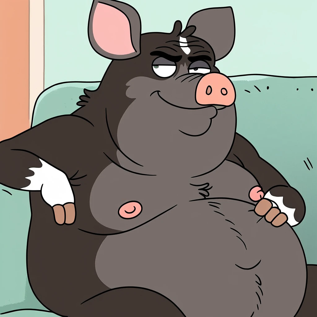 (Obese, Overweight male, anthro, hippo), (detailed mouth, detailed eyes, detailed scrotum), A full body image, butt sit at bedroom, Fantasy, good face composition, he's big all around, balls, (penis), erection