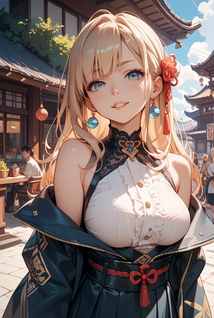Official art, masutepiece, Beautiful gorgeous cute Chinese woman in sharp focus: 1.3), (Beautiful and cute Chinese: 1.3), Chinese beauty, Delicately beautiful hair, eyes and face, Realistic, Ultra-detailed, Beautiful Girl, Fine drizzle, Wet clothes, Glow white particles, (Side lighting: 1.2), Sunlight, white clouds, delicate clouds, slender, Cute Big Breasts Big Buttocks, Toothy smile ((Laughing with Eyes Open)), landscape, Long straight hair, Sexy facial expressions , Mountains and river in the background, Damp clothes clinging to the curves of the body, (Cityscape:1.7), Dynamic Hair, Long straight hair, delicate gold leaf blonde hair, Glowing heterochromic pupils, (upper body tight vest, thong ), Black stockings, pale skin, Hair Accessories, Epic Landscapes, Gorgeous cheongsam