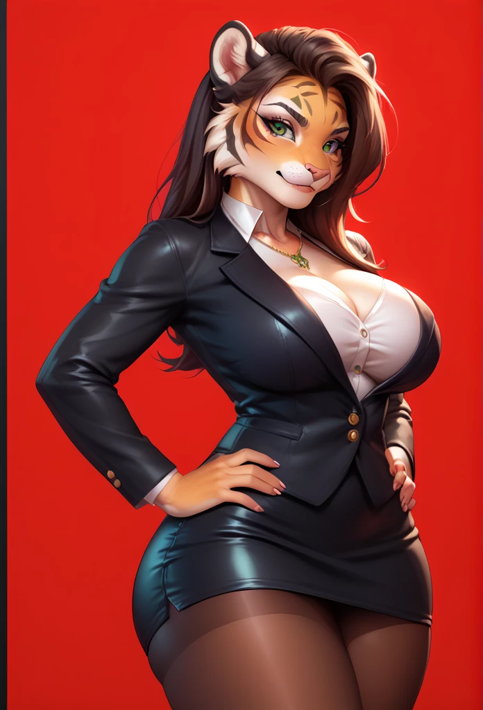 score_9, score_8_up, score_7_up, from the author: Wyla
Anthropomorphic furry female tigress, [uploaded to e621.net; (youre)], ((masterpiece)), ((solo portrait)), ((foreground)), large breasts, wide hips, open neckline, {antro; , pink nose, small brown eyebrows, short, shortstack, smug, (blushing), make up, (black eyeshadow), black lipstick, long brown hair, bushy tail, (high heels)}, black suit with skirt, ((three-piece suit)),necklace, blazer, tight mini skirt, glasses, sitting on a chair, confident, hand on hip, goth, corporate goth

