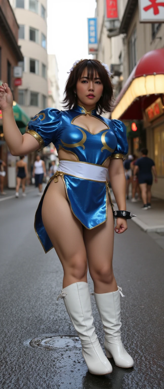 Create a hyper-realistic masterpiece of sexy Chun-Li, cinematic, photo realistic, Goddess of beauty, she is adorable, has well-designed lips. She is known for her classic and graceful beauty, very beautiful girl, defined body with sexy curves and thick legs. the iconic character from the sixth Street Fighter game. (Capture her dynamic fighting stance and powerful kicks with exquisite detail, legs bared showing Pussy). ((sexy qipao dress modified to show her legs and her transparent lace panties, erotic qipao costume, micro swimsuit showing pussy, qipao showing pink lace micro panties, pink transparent thong panties showing pussy, pussy coming out of the qipao )), ( impressive cleavage showing huge breasts, big natural breasts, big tits hanging out, chun-li hot erotica). The image must be in high definition (hard drive) and rendered in stunning 8K resolution, showing all the intricate features and textures. (Pay attention to the fine details of Chun-Li's costume, including her traditional qipao dress and unique ox horn hairstyle). Use dramatic lighting to increase the intensity of the scene, emphasizing your strength and determination. This photographic request aims to immortalize Chun-Li as a true work of art, showing her beauty, her toned, sensual body, grace and prowess in martial arts. Focus on the character, focus on the pussy Heroic image