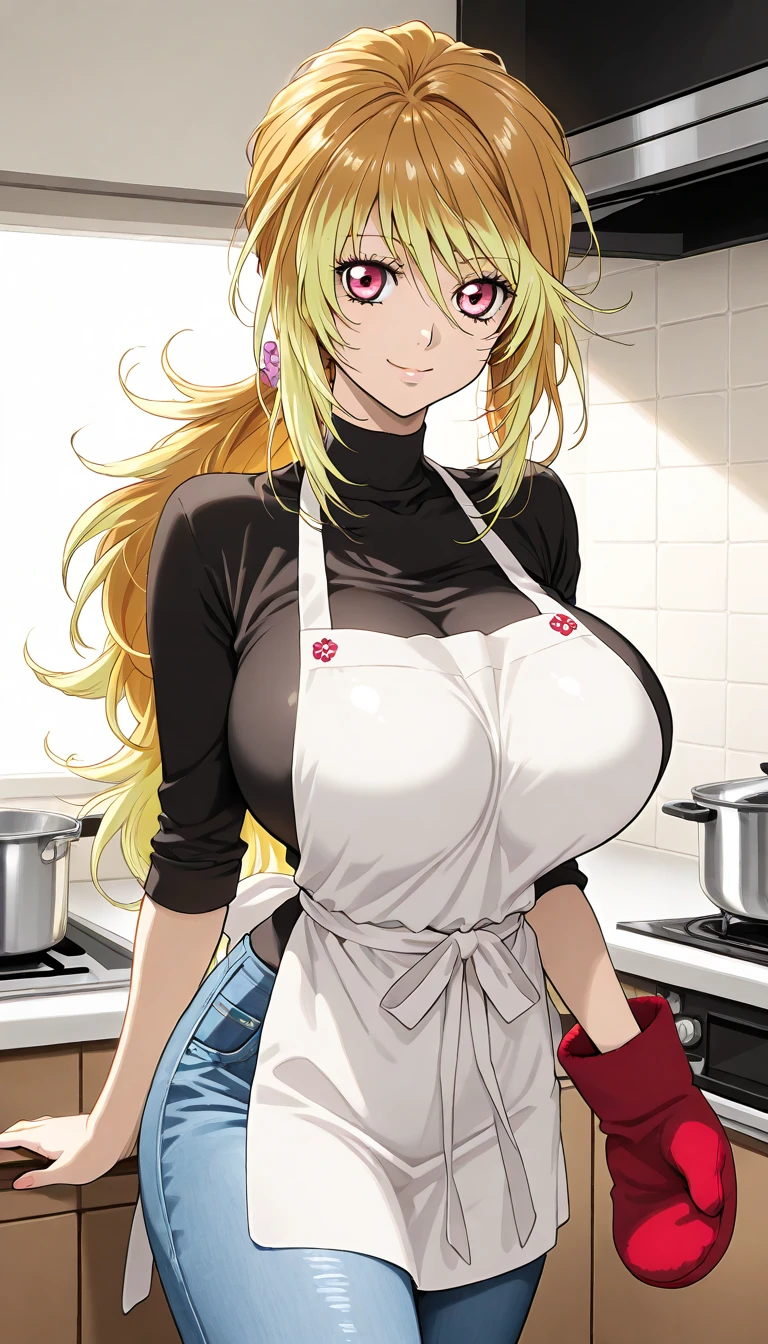 (best qualityer:1.3), (4K quality), Delta by Boruto, blonde hair, ((face detailed)), ((blush)), (big breasts), ((apron on naked body, kitchen)), ((bare shoulders)), bare arms,