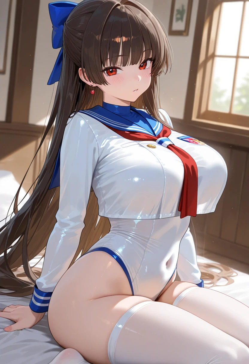(High quality, High resolution, Fine details), Realistic, (navy), Sail ships, prow, Sunset, Sparkling water, white clouds, Solo, Slim woman, navy sailor hat, navy blue sailor uniform, Braided hair, Sparkling eyes, (Detailed eyes), Smile, Sweat, Oily skin, covered gigantic breasts, Hi3GB