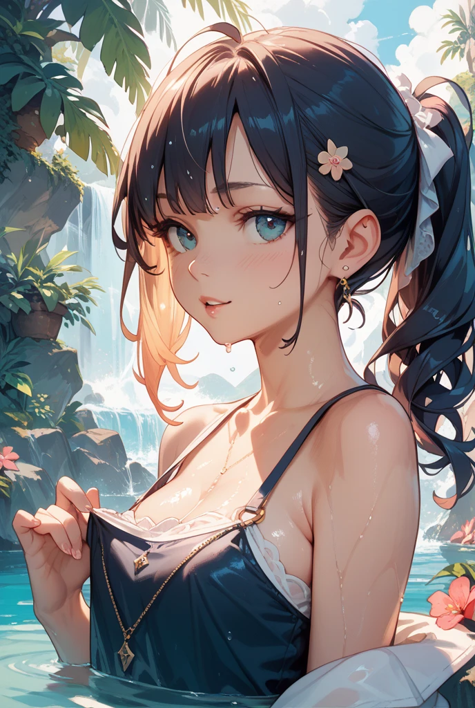 nsfw, masterpiece, hyper detailed, highres, good anatomy, (((best quality))), ((an extremely delicate and beautiful)), {{an extremely detailed and delicate}}, {8k cg wallpaper}, illustration, (greyscale with colored background:1.1), ray tracing, bokeh, (colorful flowers:1.8), water, (water drop:1.8), (ripples:1.3), (reflection:1.1), (light particles:1.5), chromatic aberration, from above, upper body, (mature female), 1girl, solo, standing, looking at viewer, wet, blush, medium breasts, (cleavage:1), hiten1,