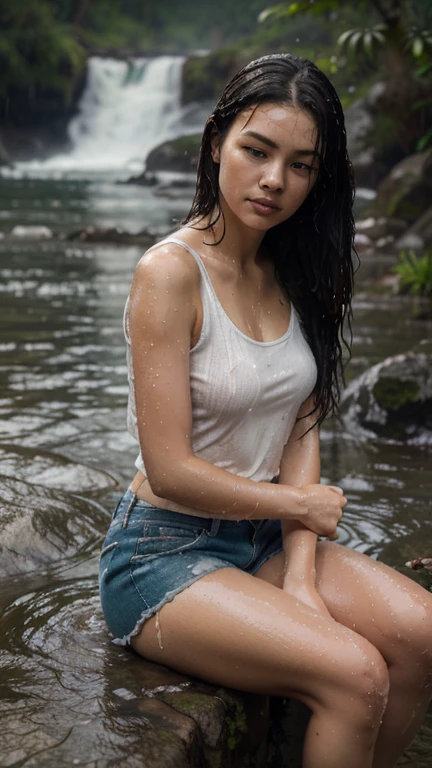 RAW, Best quality, high resolution, masterpiece: 1.3), beautiful Korean woman in shawl (iu:0.8),Best quality, high resolution, Masterpiece: 1.3, Masterpiece, Soft smile, crouching on rock, raining, vines all around, giant and wet trees ,bright sunshine, undress and unpants, highres,4k,HDR,1girl, photorealistic, realistic,sweat skin, wet body, big breast, ((full body))soaked, dripping, smiling at viewer, full body image