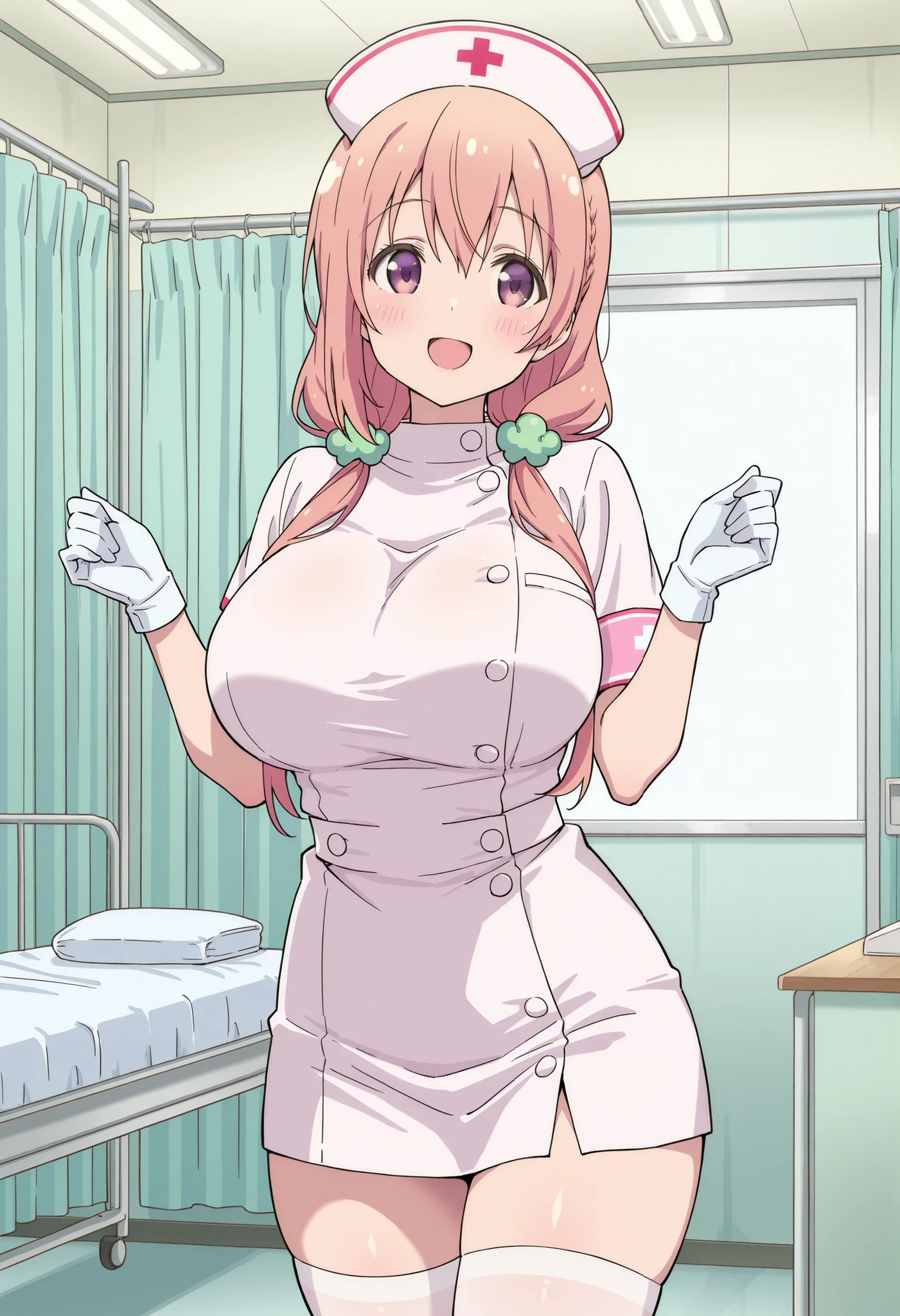Score_9, score_8_up, score_7_up, source_anime, Hinako SAKURAGI, solo, pink hair, hair ornaments, low twintails, scrunchies, purple eyes, huge breasts, (best quality), (high quality), {masterpiece}, extremely delicate and beautiful, ultra-detailed, beautiful detailed eyes, nurse, nurse hat, ((white nurse's outfit)), white gloves, white thighhighs, hospital room, smile, open mouth, standing