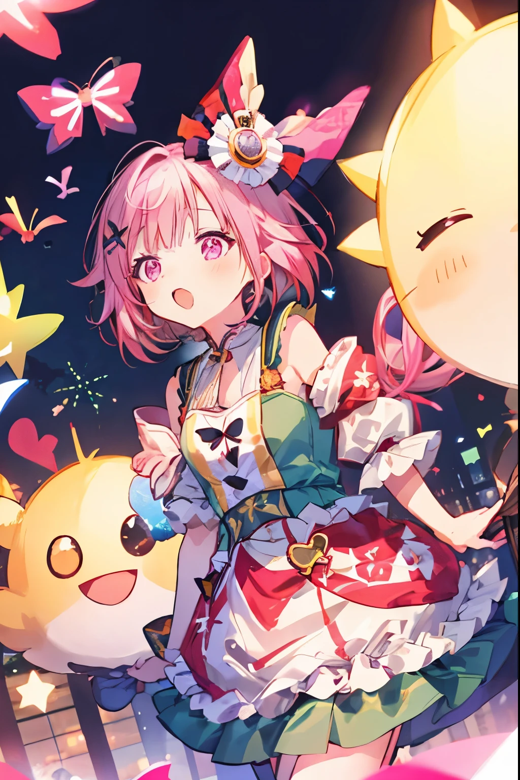 rabbit girl, light pink hair, short hair, happy smile, yellow-eyes, blush, little_girl,cute_loli, rabbit costume , cheerful, dynamic angle,