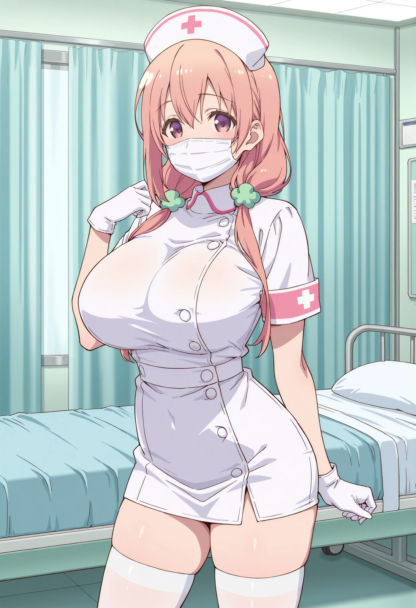 ((Highest quality, High resolution, Perfect Pixel, 4K)), (Beautiful Anime Girls), Depth of written boundary、
Watching the audience,
Perfect body,
yuigahama yui, (Big Breasts:1.3)、 Red eyes、 short hair, Single hair bun,
nurse uniform、nurse cap、
Cleavage、Open shirt、No bra、
smile、
Hospital room、
From directly below、