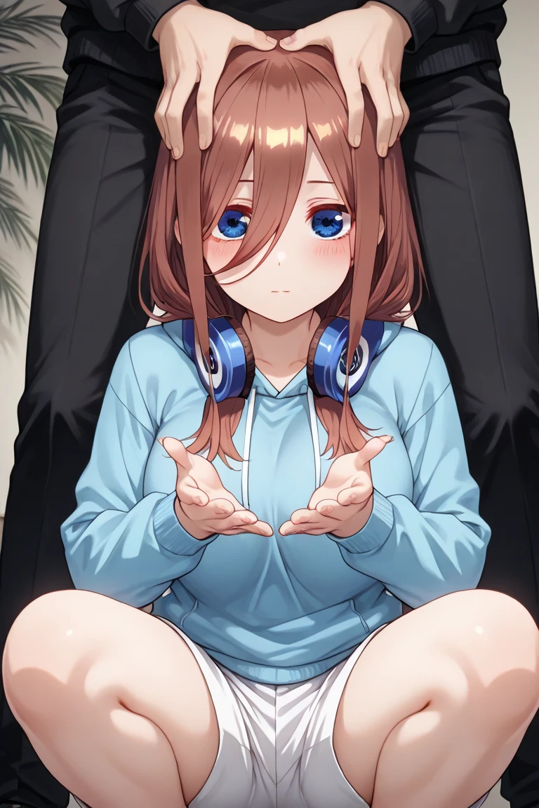 mikunakano, miku nakano, coils, breasts, long hair, bangs, blue eyes, blank eyes, brown hair, shirt, hair between eyes, headphones, cardigan, headphones around neck, snake, bedroom,