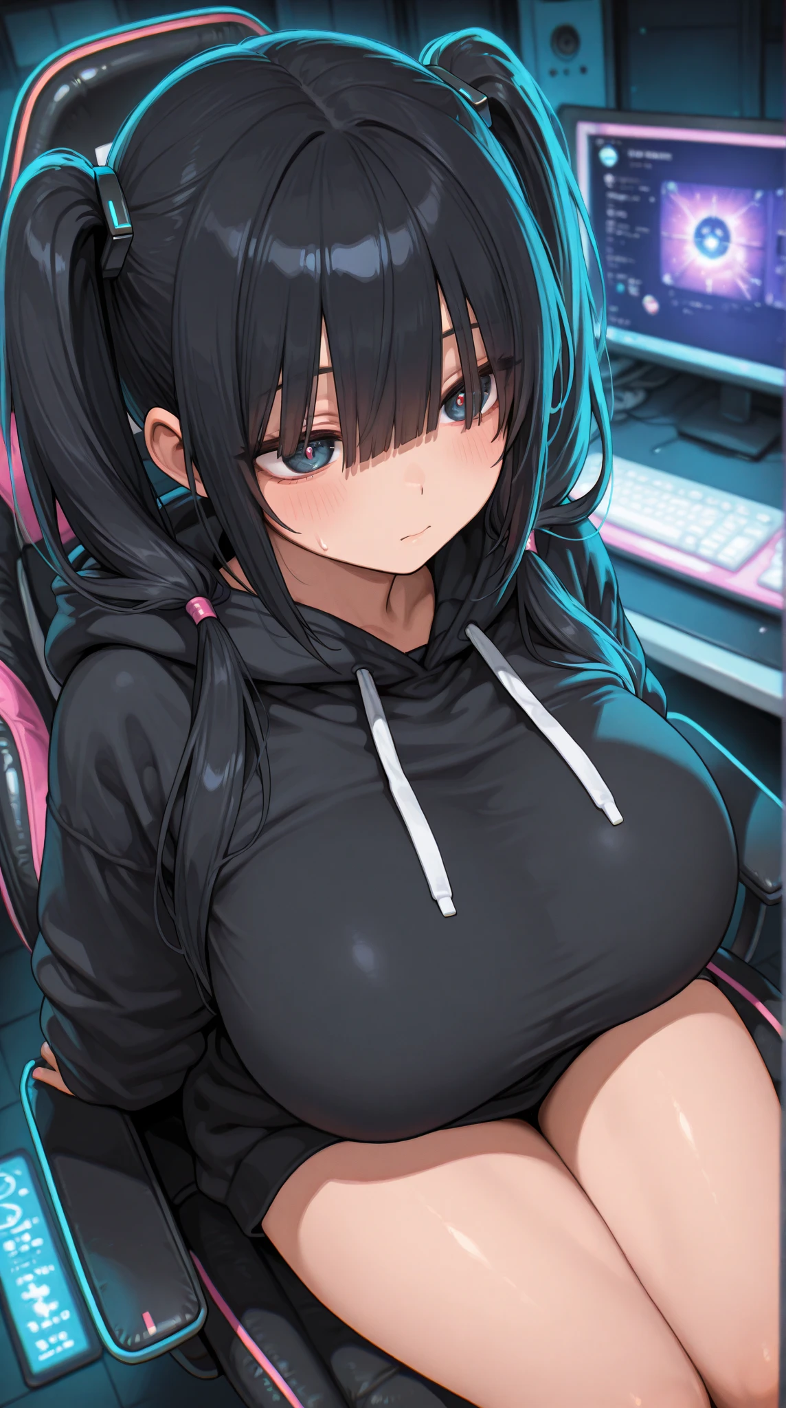 Solo, female, gamer girl, fat, chubby, belly, thick thighs, sitting, gaming pc, gaming chair, cat ear headphones, rgb keyboard