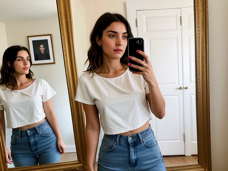 A 17 year old girl Taking a photo of herself in a mirror with the phone in her head Reality with curly hair With a better phone