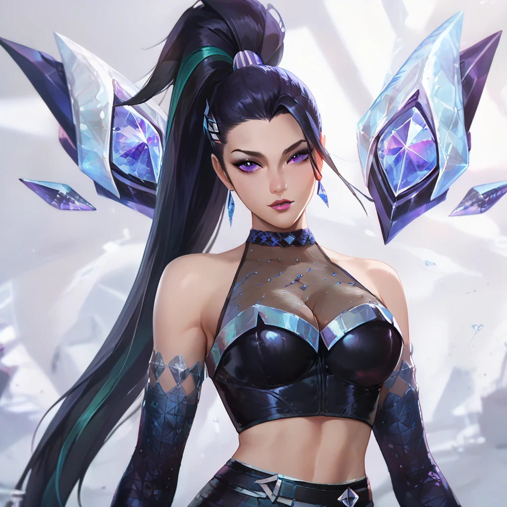 1girl, kaisakda, purple hair, bangs with ponytail, ((official k/da_(league_of_legends) outfit)), ((complete outfit)), simple background, white background, ((close up, headshot)), makeup, ((extremely detailed face)),large breast, big cleavages, big hips,big waist, thick legs