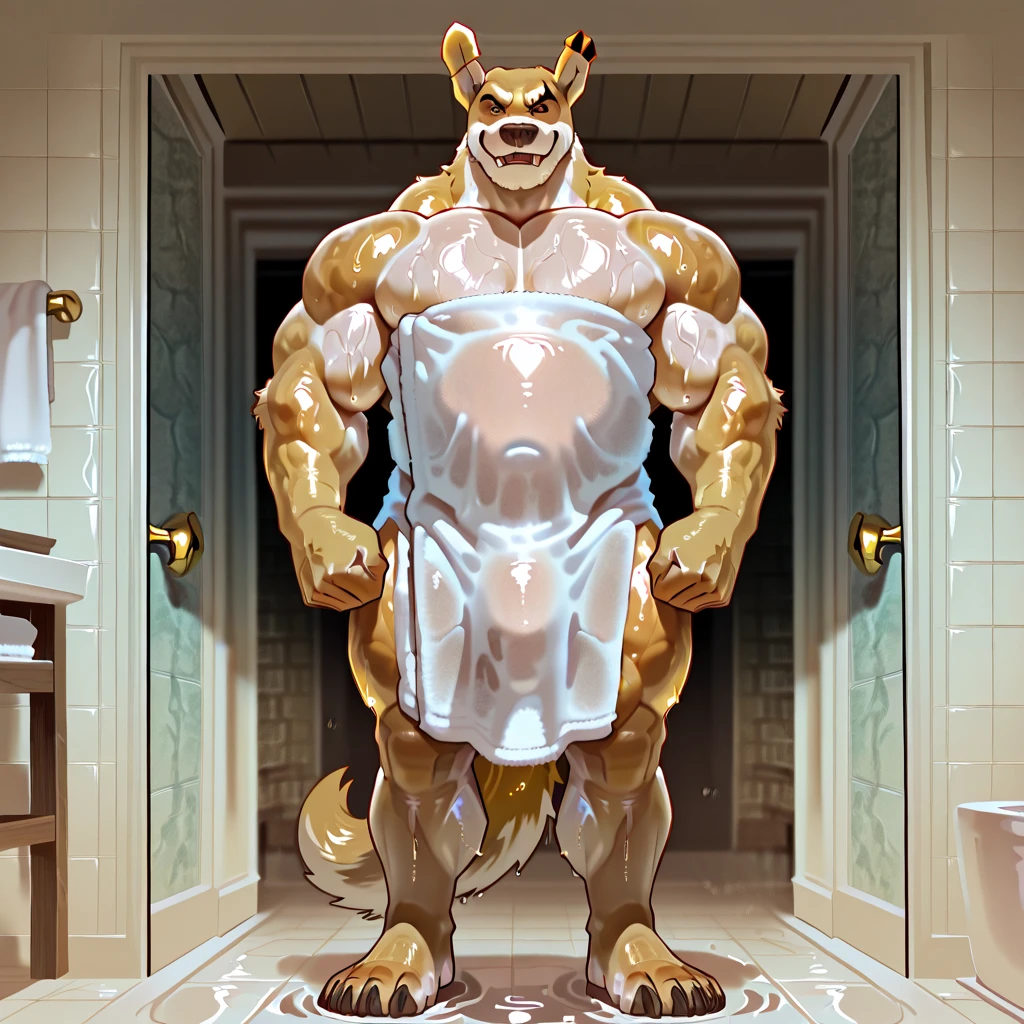 An unusually gargantuan anthropoid growing into immense body height in a small shower enclosure with small space around him, its hunched body filling the thight and small space around, its immense size allows him to push the ceiling floor, its huge and round belly is dominant; male,canine, anthropoid, dog, pitbull:1.4, (dark and thick grey and wet fur:1.8, thick furred body, fluffy fur, thick fur, wet fur, naked),( cut ears:1.0), big fluffy furred balls, chubby:1.2, round belly, huge belly, bloated belly, overweight belly, inflated belly, belly inflation fetish, belly weight gain fetish, big body, wide and bulky body, immense and bulky body, thick neck and chest, (middle-age), (musclegut:1.4, thick body:1.2), (immense height, immense body height:1.8), (yellow eyes:1.2),detailed black eyes, looking at viewer, tail, ( full body:1.2), growing:1.6, immense grow, overgrown body size, (by darkgem),(by OnePotatoATime),(by adios:1.2),(by taran fiddler), side view, side angle, 4k,masterpiece,full hd, BREAK