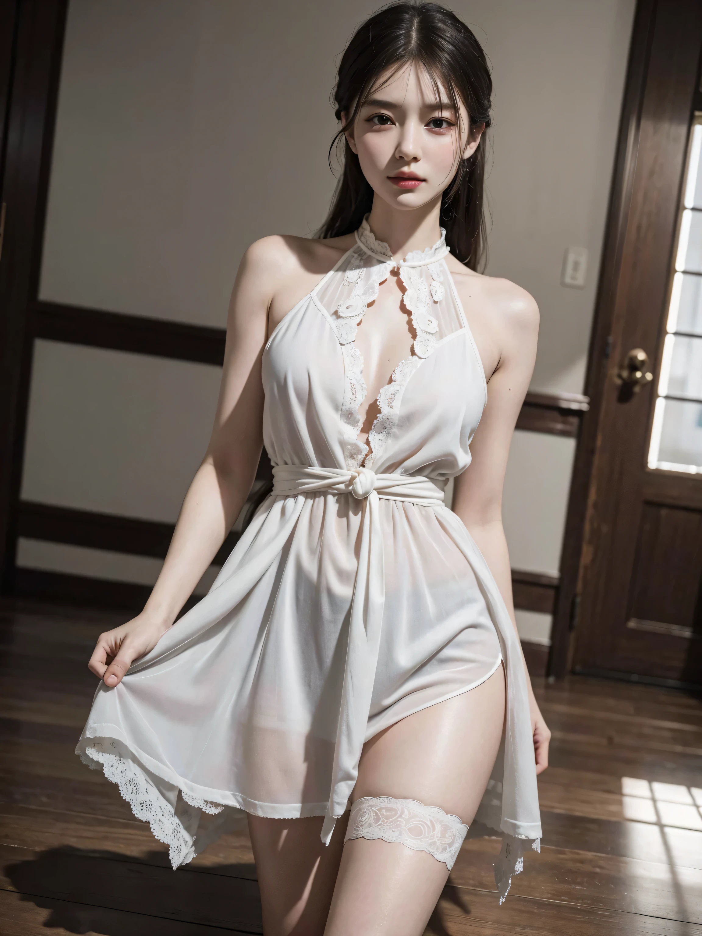 {(Even a sheer lace dress, The backlight makes the silhouette of your body stand out....:{{{white lace underwear}}},().......)},{outdoor background::cherry blossoms},{RAW photo},{highest quality}, masterpiece,{High resolution},,(Photoreal:1.4),{well-defined contours},{{((beautiful young woman:,18-year-old)),beautiful perfect face,(smile gently:1.2)}},{perfect body},{perfect arms,perfect fingers},{perfect legs},{perfect hair{,,{realistic skin texture},{shot above the knee},view from below,{white lace panties:See-through}