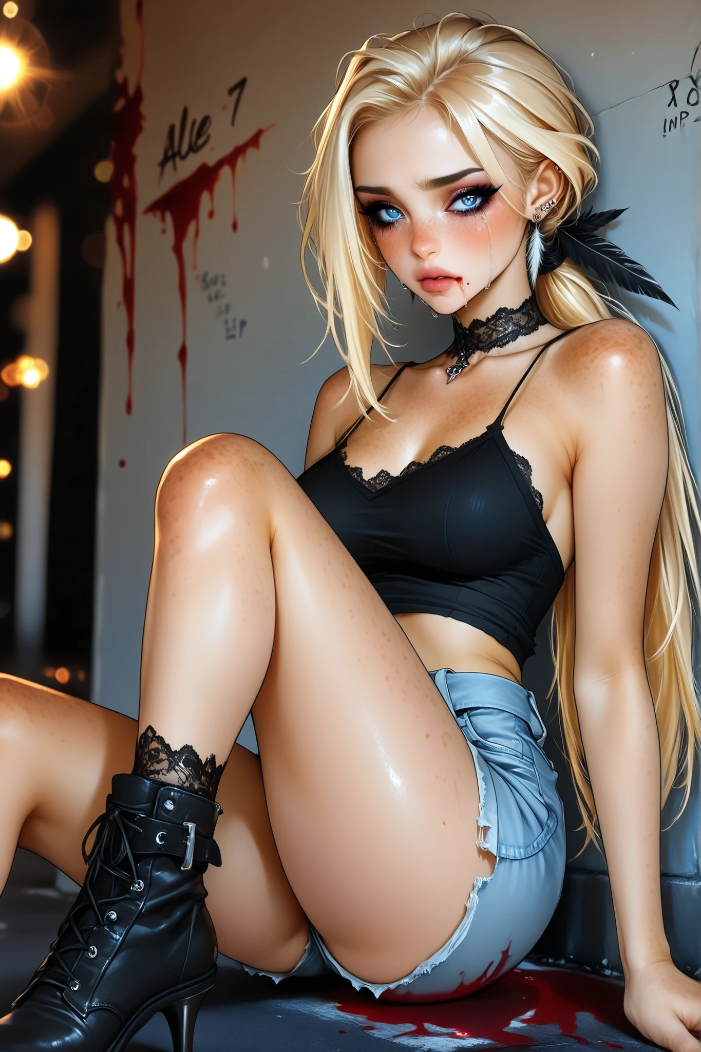 1girl, solo, looking at viewer, makeup, mid day, (realistic:1.2), (realism), (masterpiece:1.2), (best quality), (ultra detailed), (8k, 4k, intricate),(full-body-shot:1), (85mm), lighting, (highly detailed:1.2),(detailed face:1.2), (gradients), sfw, colorful,(detailed eyes:1.2)(detailed background),detailed, (dynamic angle:1.2), (dynamic pose:1.2), (rule of third_composition:1.3), (Line of action:1.2). Beautiful woman, bedroom background, wearing black night gown, blue eyes, blond hair, squatting
