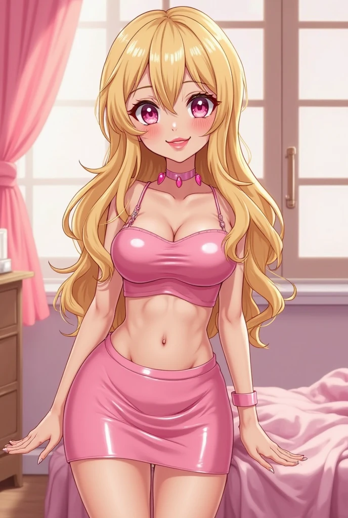anime style, A young white woman, Her eyes are slanted and a deep pink color, Her hair is long to her hips and wavy and light blonde with pink tips., Her lips are medium, Her body is shaped like an hourglass, with quite a bust and big hips, She has a flirtatious expression without lipstick