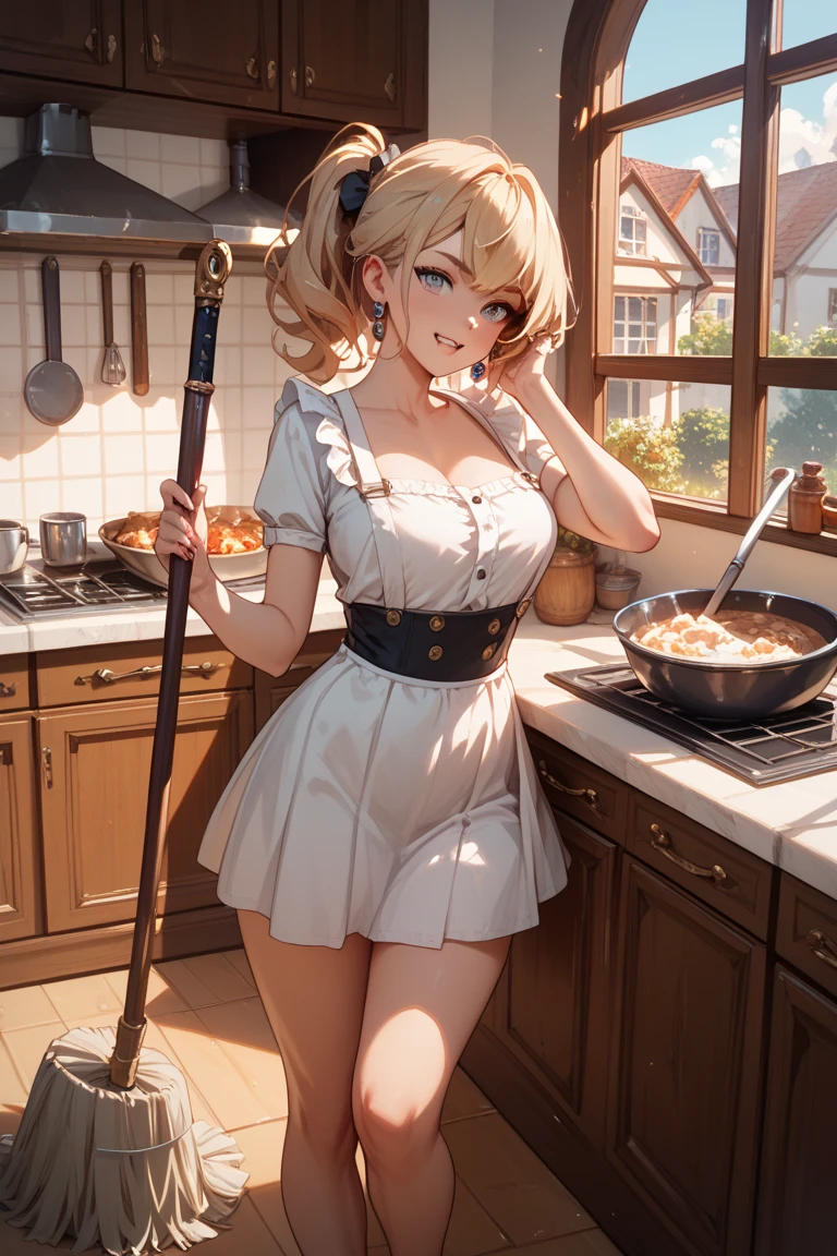kitchen,naked lace frill apron,
blush、Random pose、blondes、ponytail、pale blue eyes、Head to toe full body、Blushing、Embarrassed look、 、nsfw、Highest quality、1 girl、solo、