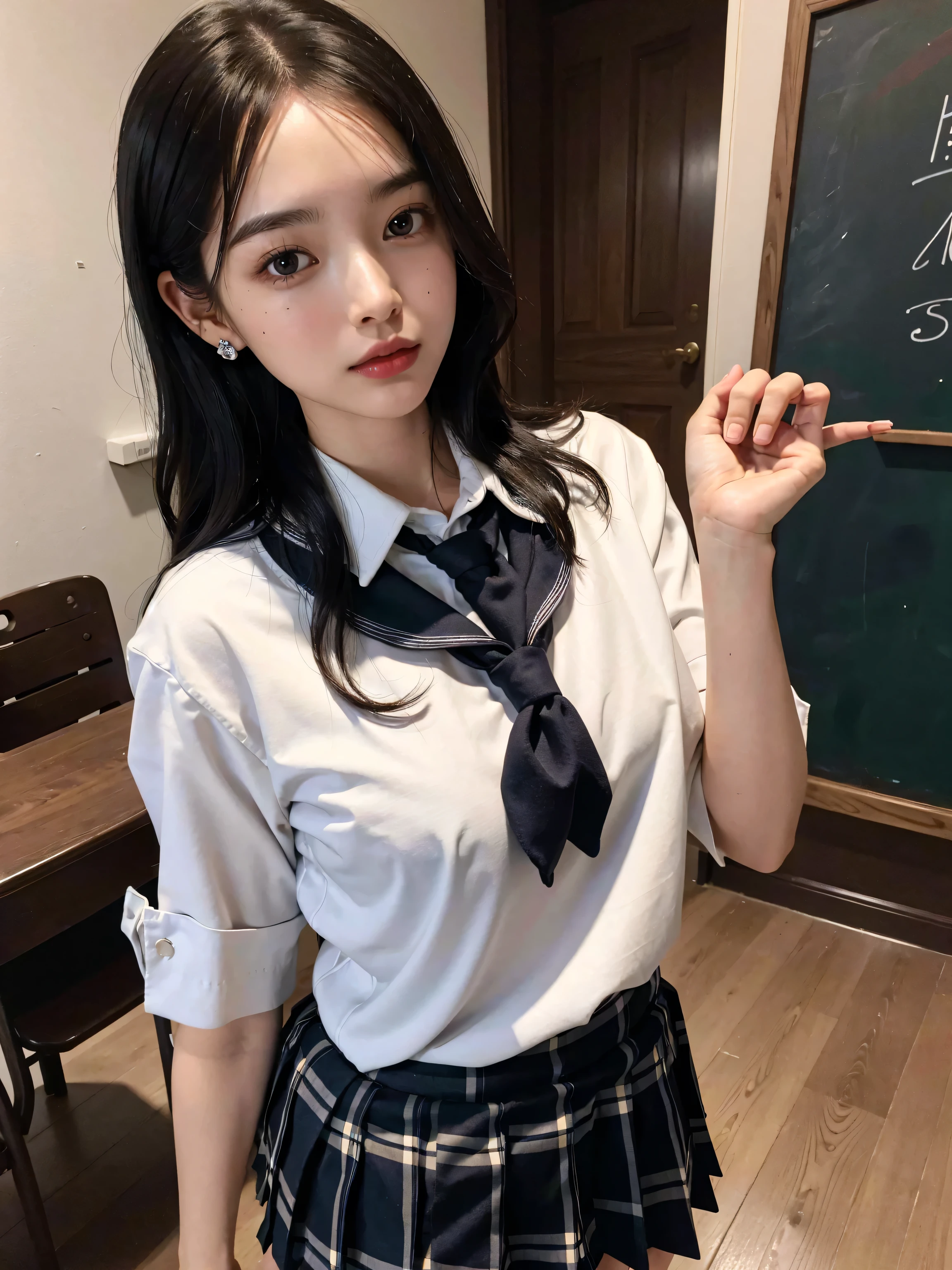 disorganized, RAW photo, very delicate and beautiful, masterpiece, highest quality, ultra high resolution, 32K, surreal, super detailed, perfect ???????, perfect figure, super dense skin, Highly detailed CG 8k wallpaper, 20&#39;s, very slim body, tight waist, very small head, very small face, delicate facial features, tearful mole, earrings, thin legs, (very huge round breasts:1.2), full body shot, 1 girl, short hair, wavy hair, (school uniform:1.3), wet clothes,
