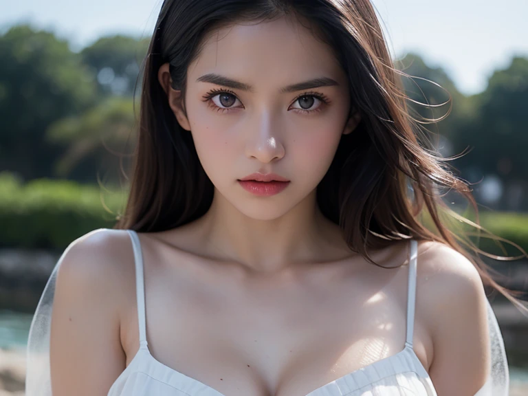 32k, best quality, (((masterpiece))), realistic, ultra detail, photo realistic, Increase quality, highly detailed, ultra details, a photo of a ((sexy and hot)) seductive girl standing in park wearing ((white t-shirt)), (big boobs: 1.4), (big diamond crown) on head, ((straight hairs:1.2)), in the style of dark and brooding designer, voluminous mass, photobash, serene faces, jagged edges, navy, natural beauty, (closeup shot), self portrait, (cinematic shot), ((perfect female anatomy)), few sun rays