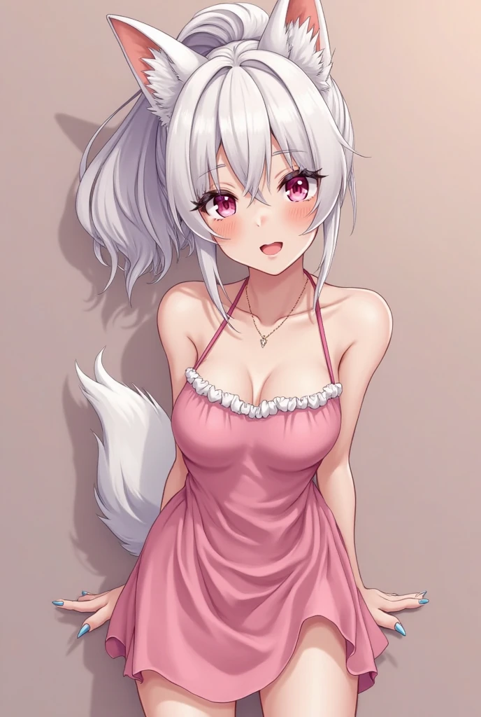Anime White wolf girl pink eyes big breasts blue pajamas with hands in front asking for a hug