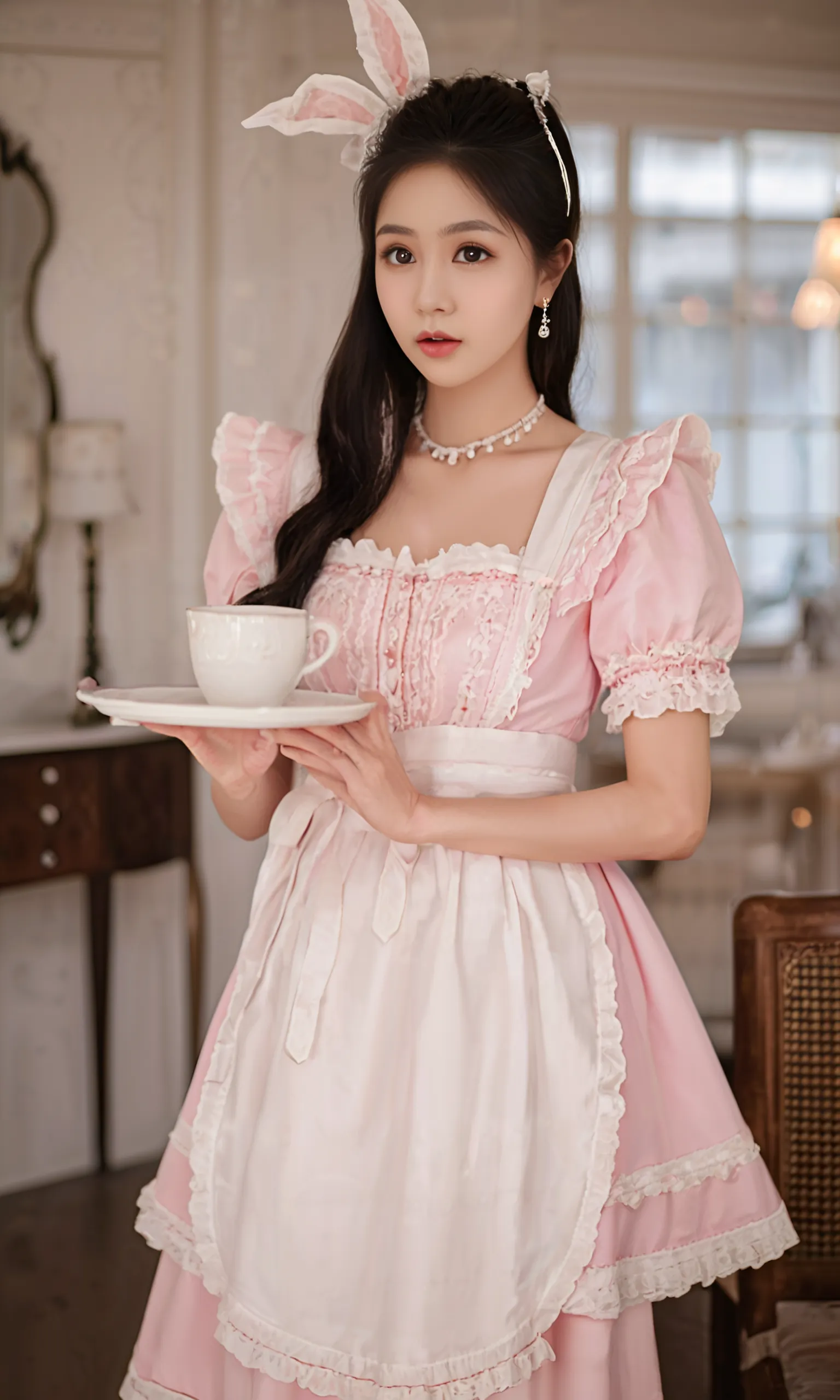 Portrait of Wonyoung in a Victorian beautiful and elegant dress based on Marie Antionette style, she’s has a slice of cake in her left hand and is looking at the cámara, there is a Victorian background and cake everywhere. All pastel color scheme. High quality. 