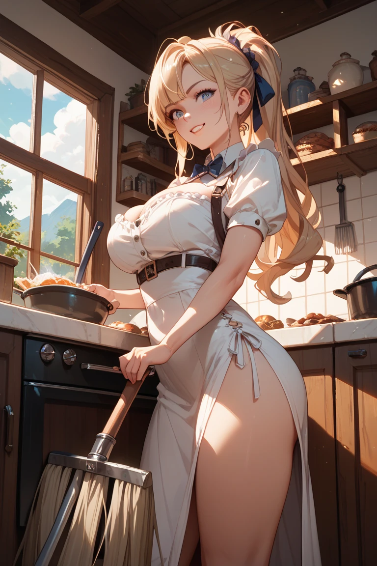 (dynamic angle:1.3, from front:1.1, breast focus:1.3, from above:1.2), (dynamic posing:1.5, sexy posing:1.3, leaning forward), (seductive smiling:1.3),masterpiece, 1girl, pointed chest:1.3,(double breasted:1.2,under bust:1.2), Amazing Cleavage:1.3, thin waist, big ass, Raised sexy, small breast: 1.2 posed cleavage:1.1, looking at viewer, open mouth, platina bronde hair, blue eyes, bare shoulders, collarbone, sidelocks, hairband, sapphire earrings, indoors, red off shoulder sweater dress, arms behind back, short hair with long locks, blue gold hairband, big side hair, very long side hair is rendered in (masterpiece: 1.2, best quality), with (ultra high resolution) and an exquisite (depth of field). This masterpiece is not only visually stunning but also tells,A scene of cooking in the kitchen