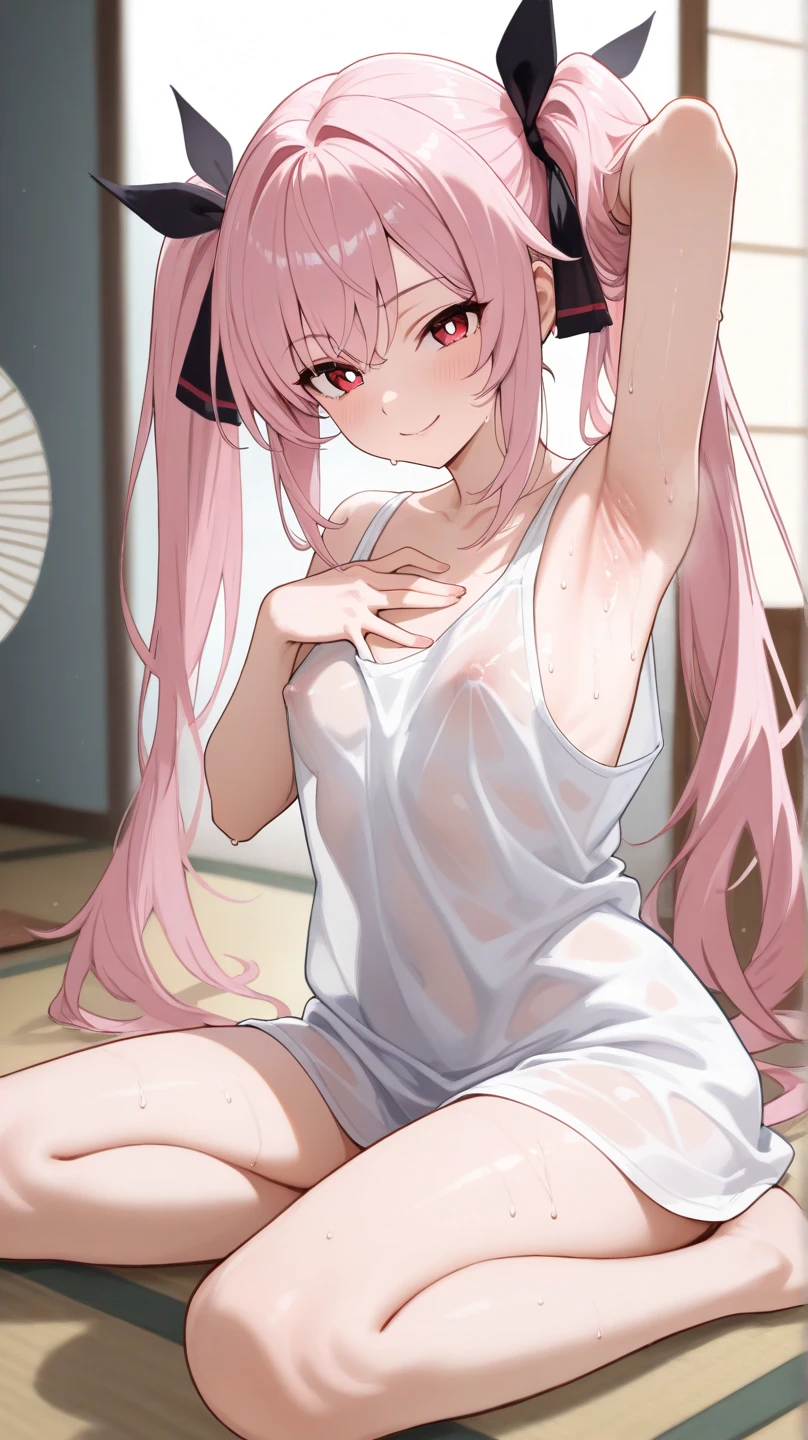 12year old、Height 160cm、beautifly、cute little、Anxious face。1 female。a blond。Brown-eyed。Longhaire。Matching bangs。Pale pink lipstick。Small white camisole。undergarment:only panties。Dark blue long high socks。Small red ribbons on both sides of her hair。Warm lighting。top-quality、hight resolution。rug。girl's own room。She is lying in bed。legs are open。hand on the breasts。Urine splatters from the crotch(2.5)、Pubic to yellow liquid。The pubic area is clearly visible、((Areola showing through))、((Sweat))、look at a camera。
