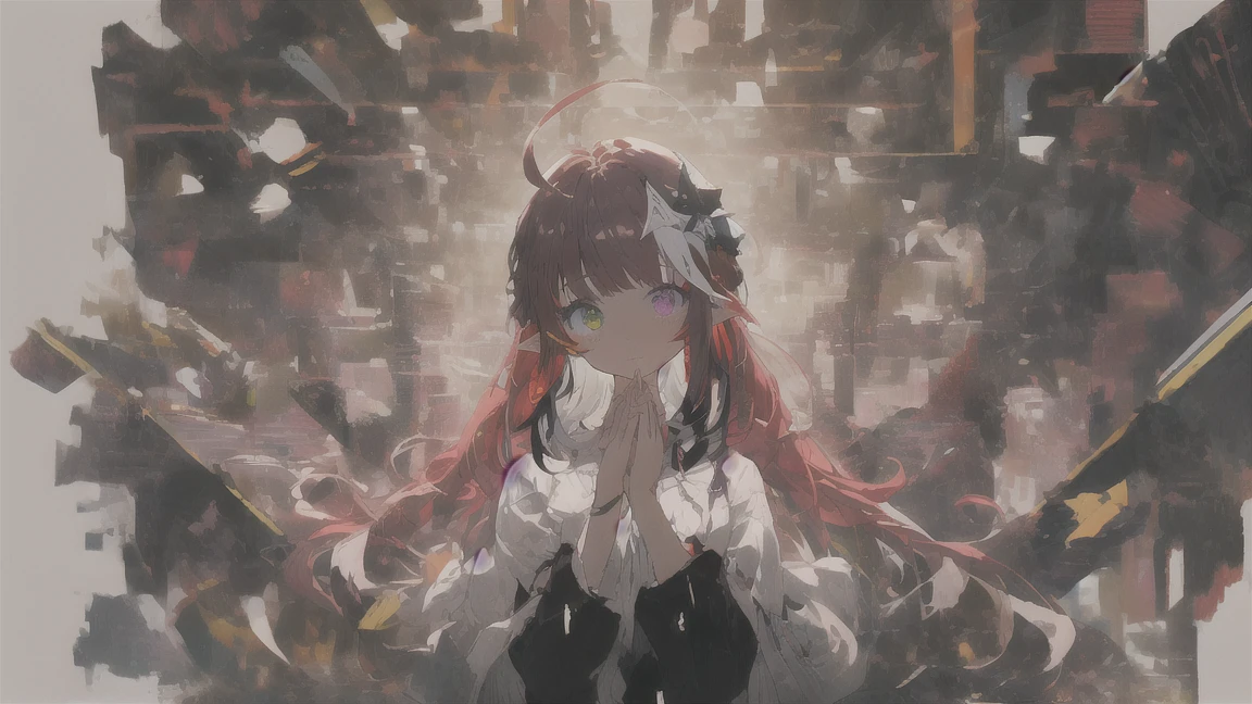 Anime girl walking on stairs，Hair pink，wears a white dress