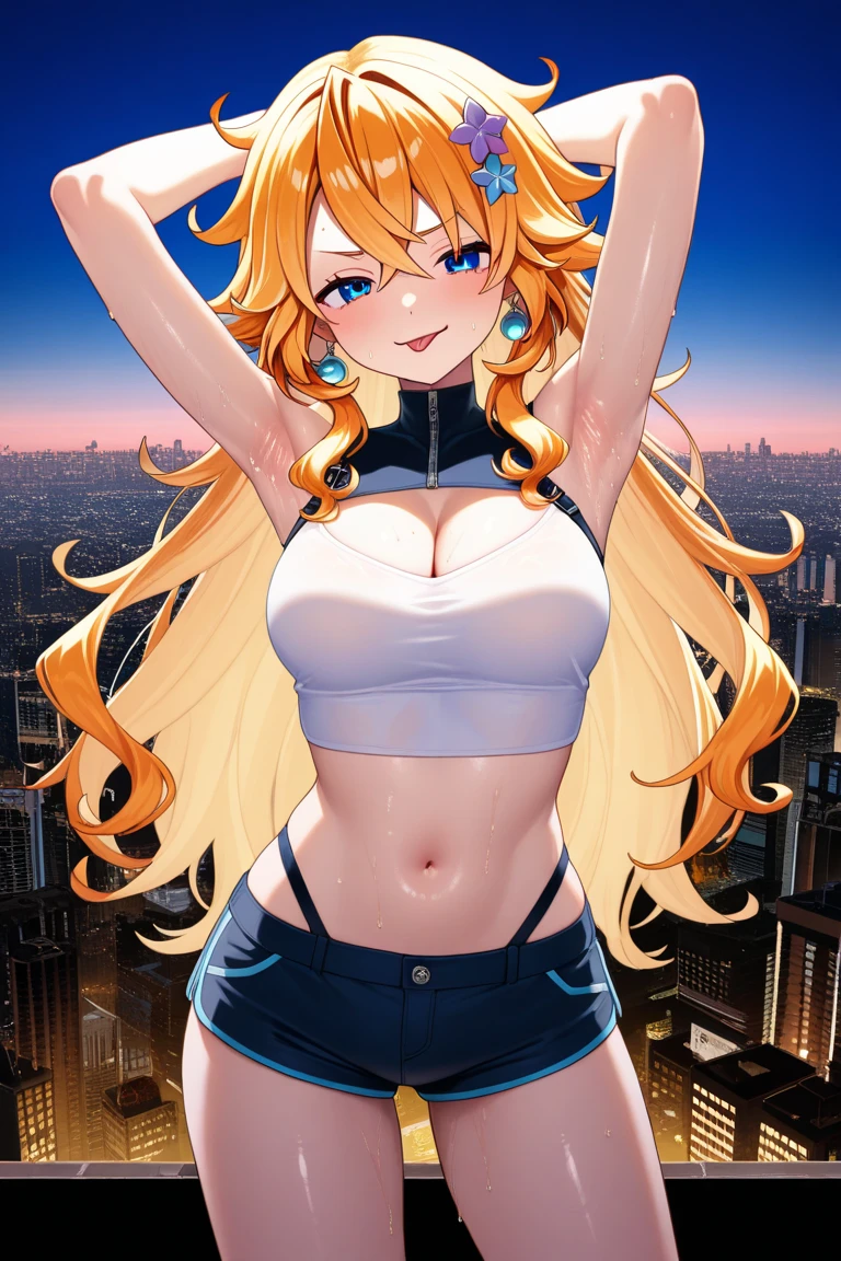 (masterpiece:1.37), best quality, (extremely detailed:1.37), woman, mature, adult, large breasts, very long hair, blonde hair, blue eyes, (extremely detailed eyes:1.37), crop top, cleavage, navel, jeans, open fly, (groin:1.25), desperation, (wetting: self 3.0), standing, city, futuristic, neon lighting, high-tech, street
