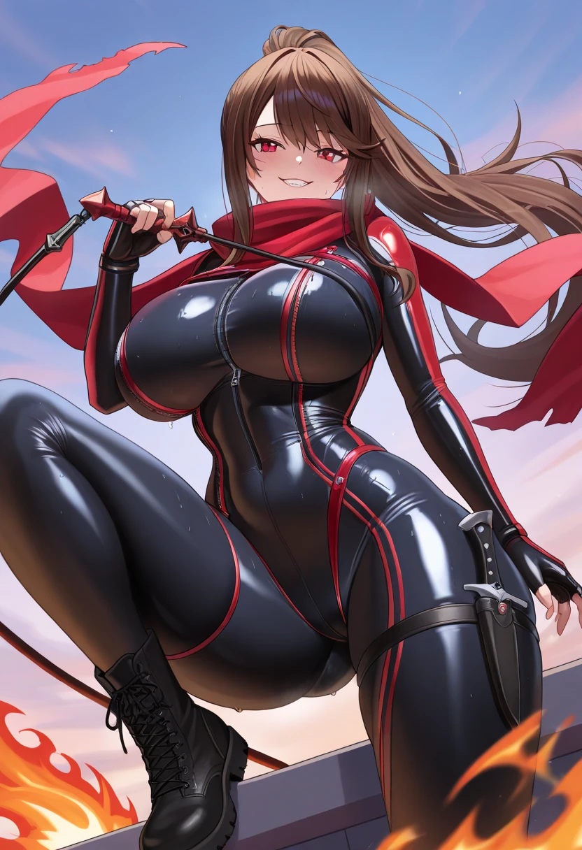 highschool student, female, 17 years old, sexy body, voluptuous figure, tightsuit, red hair, red decolored hair, alone, samurai class, persona 5 style, human, beautifull face, long hair, defined body, red and bright eyes, thick legs, strong legs, tall, Voluptuous legs, black robes, huge ass, big hip, big ass, black and red robes, tall girl, magic powers, expert with katana,