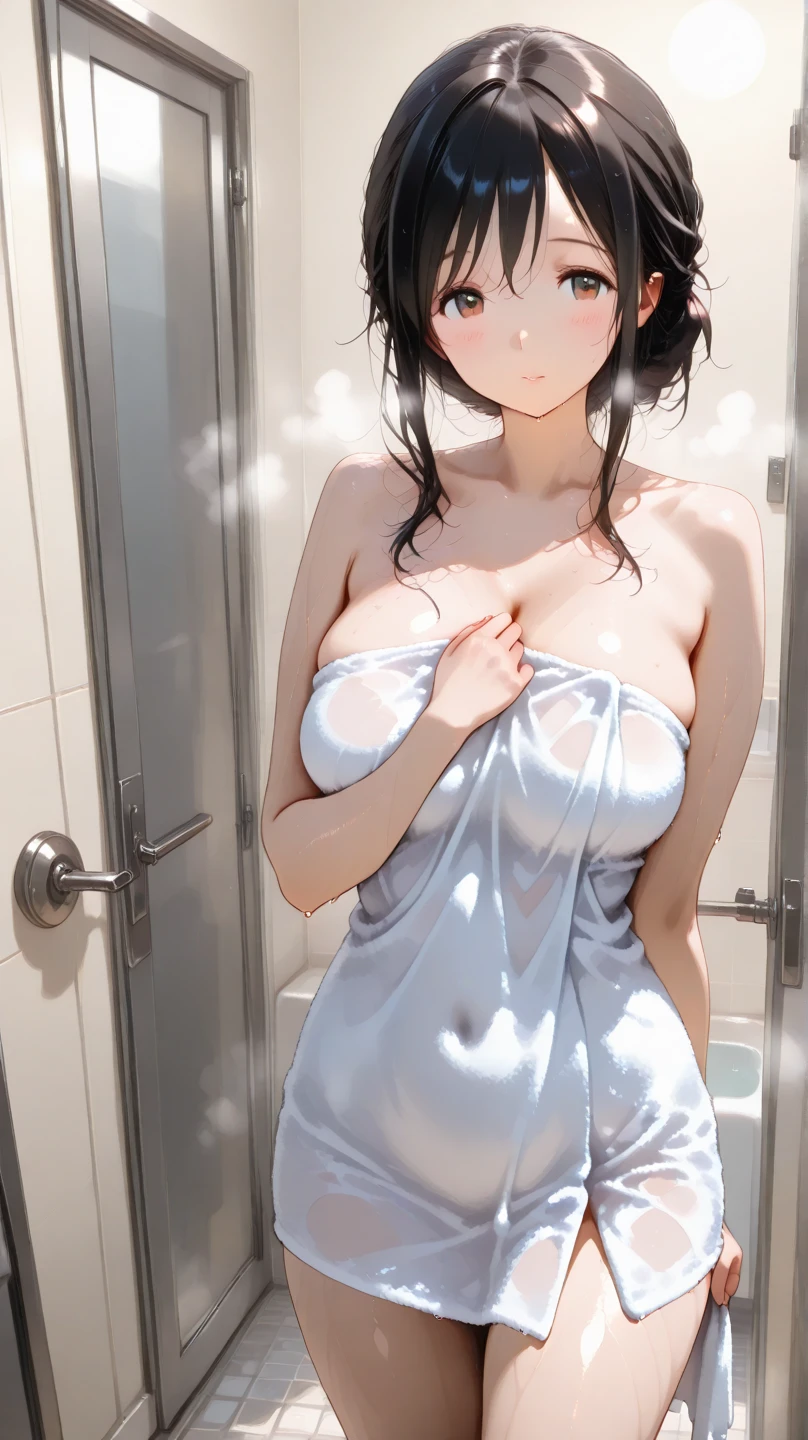 araffe in a white towel taking a selfie in a bathroom, ultra realistic picture, in bathroom, under a shower, [ 4 k digital art ]!!, artwork in the style of guweiz, ultra realistic concept art, [ 4 k photorealism ]!!, very realistic, photorealistic perfect body, [ 4 k photorealism ]!!!, in a bathroom