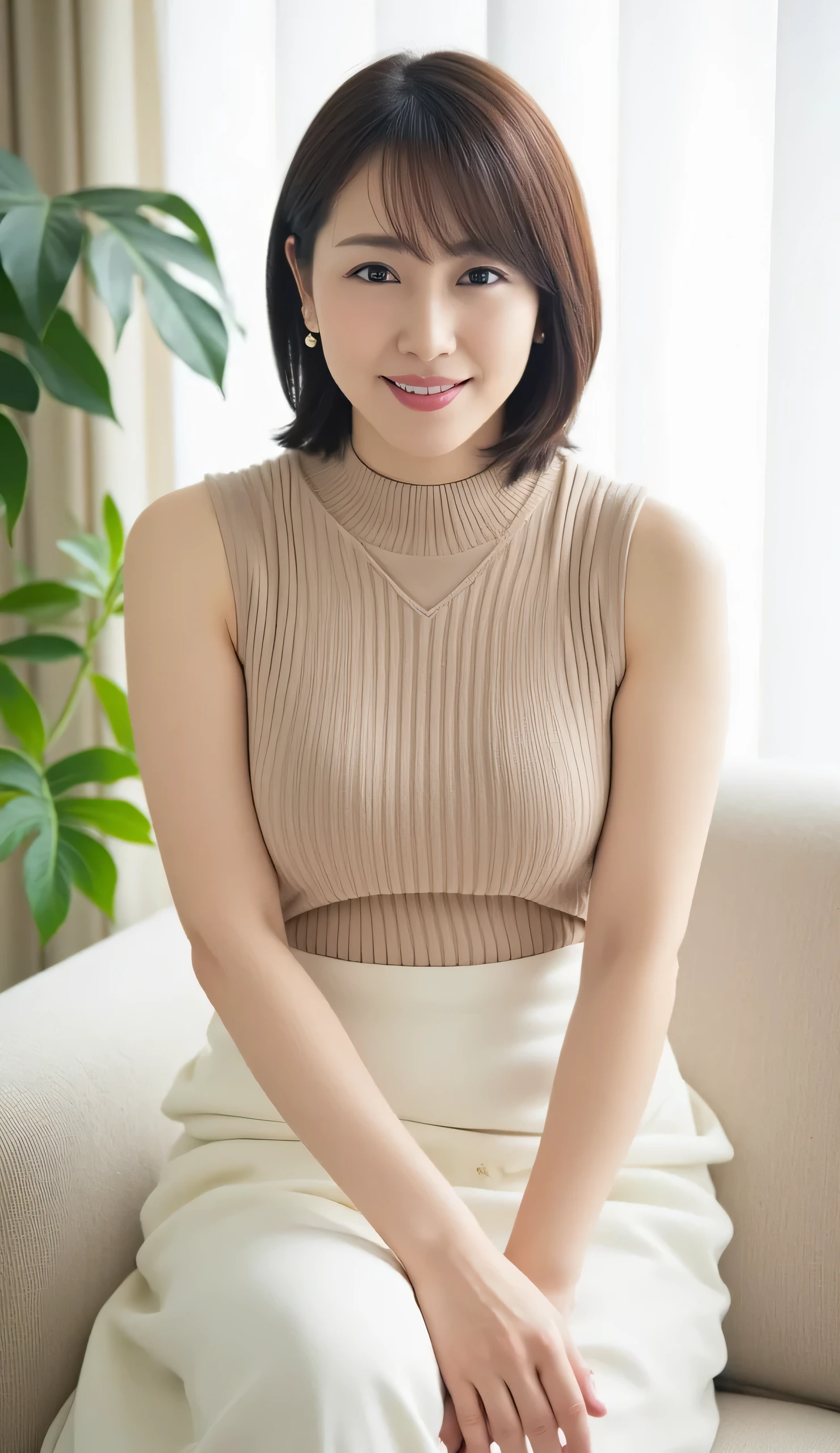 Attractive Mature Woman, ( detailed description of the hair), ( detailed description of the face), ( body that reached its climax ), High Definition , Masterpiece,  Top Quality,  (Head to Knee Composition:1.6)、（J-cup big boobs:1.8),(gentle smile:1.3),Highly detailed, formal: 1.4), (realistic:1.2, ultra realistic:1.1, realistic:1.37), ( sharp concentration:1.4), depth of field, Physically Based Rendering, 、 sadistic get, Pixie Cut, Unrivaled Beauty, ultimate beauty), ((Sleeveless with a beige turtleneck、breast bulge、white skirt :1.5)), (50 years old), Japanese,,  Foliage plants in the back、、Big TV、Fine laugh lines   :1.2, ((posing while sitting on a sofa in a bright large living room：1.8 )),((stylish lampshade:1.3)、necklace、earrings
