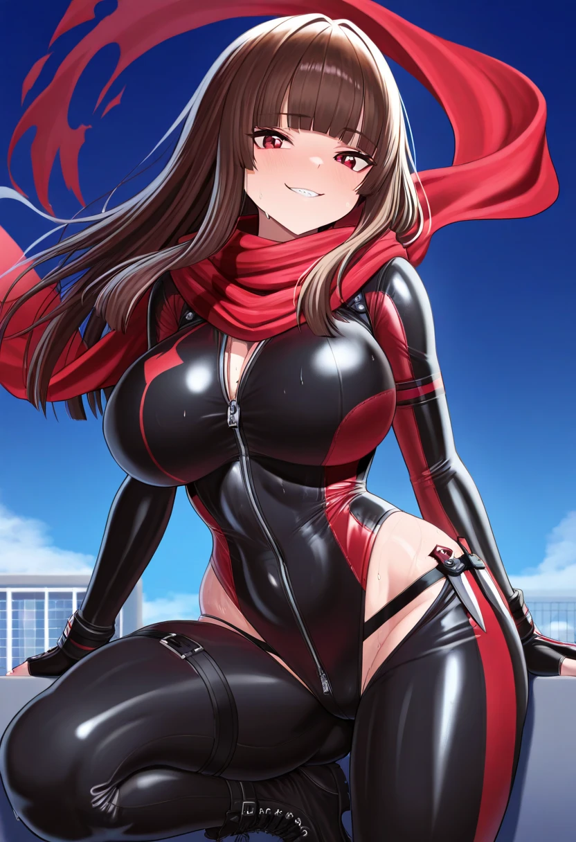 女の子1人、Arm up、bangss、body suit、breastsout、Navel concealment、cropped jackets、gloves、Impossible bodysuit、jaket、huge tit、Long、long-sleeve、Viewer's Perspective、Sprawl、mideum breasts、laying on back、Parted lips、pink bodysuit、Pink eyes、Black hair、Puffy sleeves、a red jacket、Shrug \(vestments\)、skin snug、独奏、Twin-tailed、alice \(Nicke\)、(​masterpiece: 1.4)、(top-quality: 1.4)、(shinny skin)、life-like