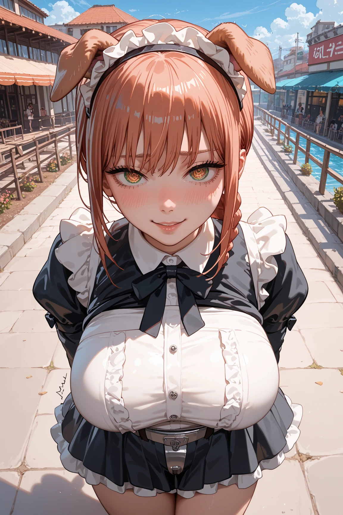maid girl,(((1girl))),((maid girl with extremely cute and beautiful orange hair)),
(large breasts:1.4),bountiful breasts,fluffy breasts,H cup bust,bust up,bulging bust top,(((orange twintails hair:1.35,colored inner hair,twintails,ear breathing))),((heterochromia:1.5,eye1 orange,eye2 red,perfect eyes,upturned eyes:1.3,beautiful detailed eyes,finely detailed beautiful eyes:1,big highlight on eyes:1.2,slanted eyes)),((fat)),(((lustrous skin:1.5,bright skin: 1.5,skin tanned,shiny skin,very shiny skin,shiny body,plastic glitter skin,exaggerated shiny skin,illuminated skin,wet legs))),(spider lower abdomen,narrow waist,wide hip,athletic body,inflated legs,delicate detailed fingers,detailed body,detailed arms,human hands,(detailed face)),
cute,slutty,seductive,erotic,(((nsfw))),
zettai ryouiki,(maid headdress),maid uniform,Headdress,(maid),sleeveless,mini skirt,boots,cleavage cutout,bare legs,clothes with a lot of lace frills,((wet clothes,detailed outfit,detailed clothes)),
(dynamic pose:1.0),solo focus,happy,((open mouth)),(centered,scale to fit dimensions,Rule of thirds),
cyberpunk city by the ocean at night, with bright neon signs and dark stormy clouds and puddles,
High resolution, sharp focus, (ultra detailed, extremely detailed), (photorealistic artwork:1.37), 8k wallpaper,((synthwave background theme)),(((vibrant colors,))),(intricate),masterpiece,(best quality),synthwave neon colors,