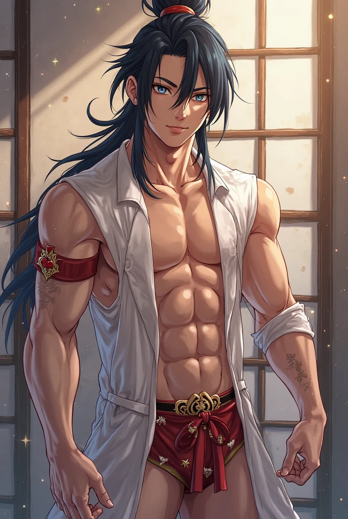 score_9, score_8_up, score_7_up, source_anime, cute girl, muscular pecs, muscular biceps, feminine face, long hair, very detailed, shy, blushing, topless, nude, flexing biceps, hairy arms